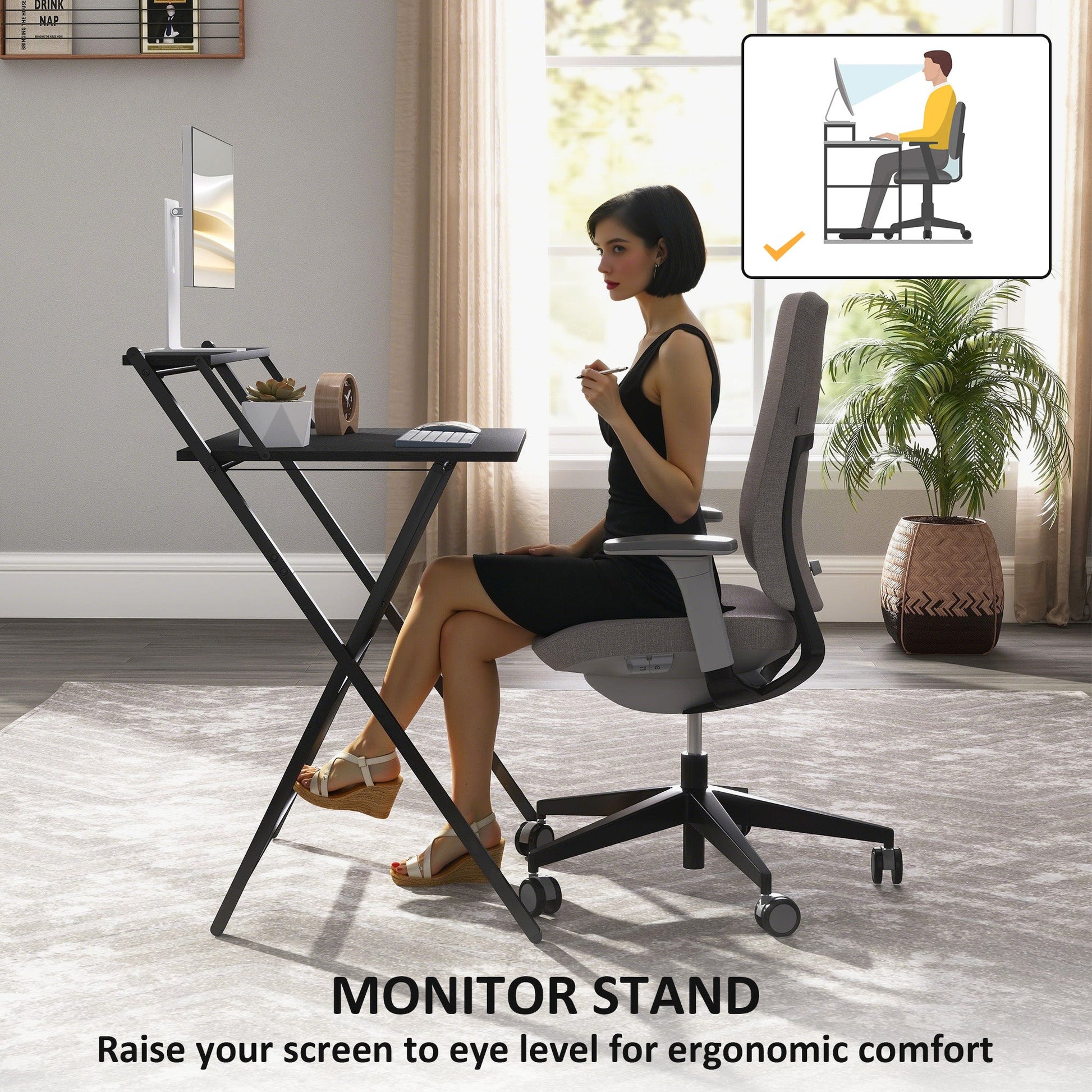 Folding Desk with Monitor Shelf, 70 cm Foldable Computer Desk for Small Spaces, Space Saving Writing Table Workstation for Home Office, Study, Easy Assembly, Black