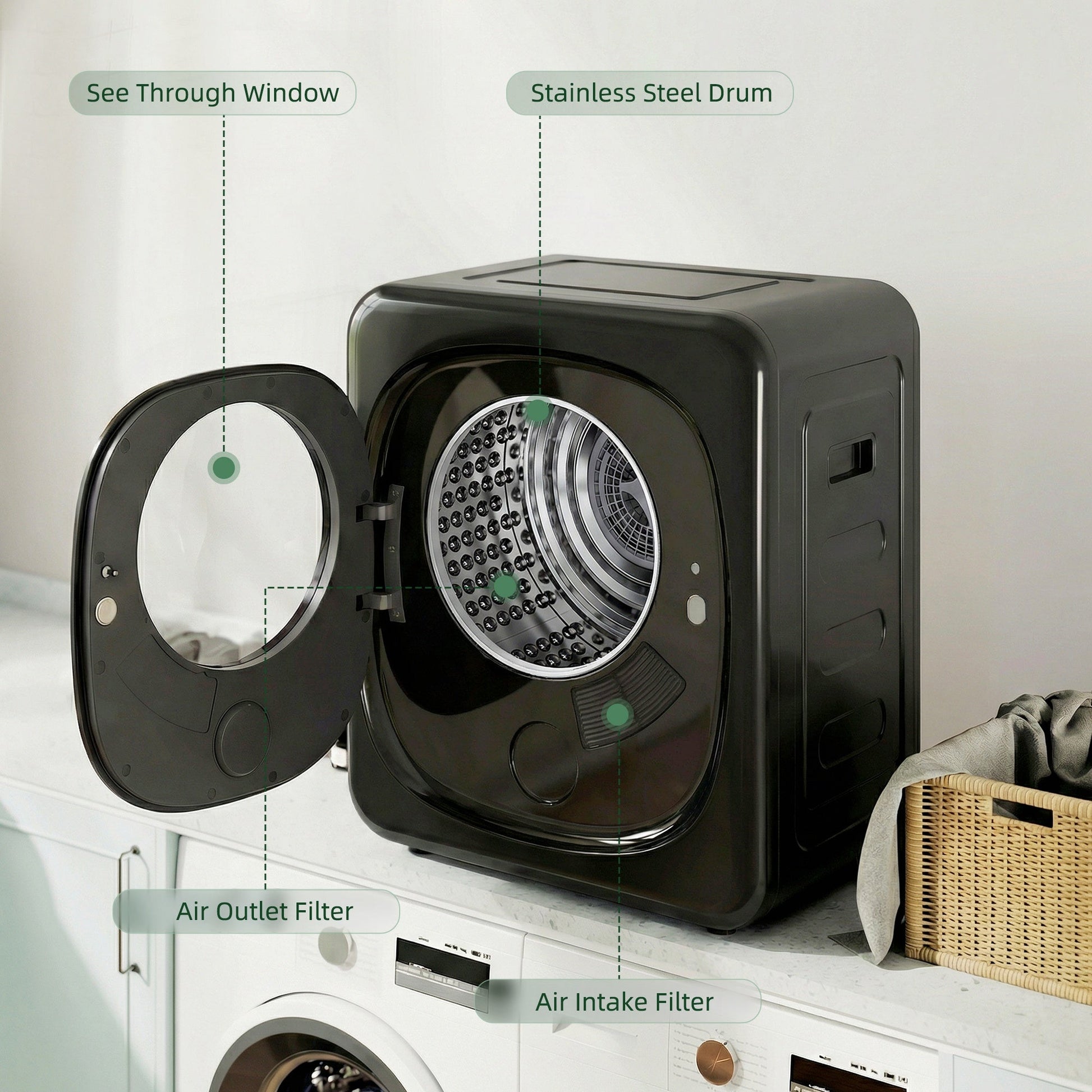 4kg Vented Tumble Dryer, 800W Compact Freestanding Front Tumble Dryer with 5 Drying Mode, Smart Sensor, Timer and Stainless Steel Tub, Wall-Mounted Portable Small Clothes Drying Machine, Black