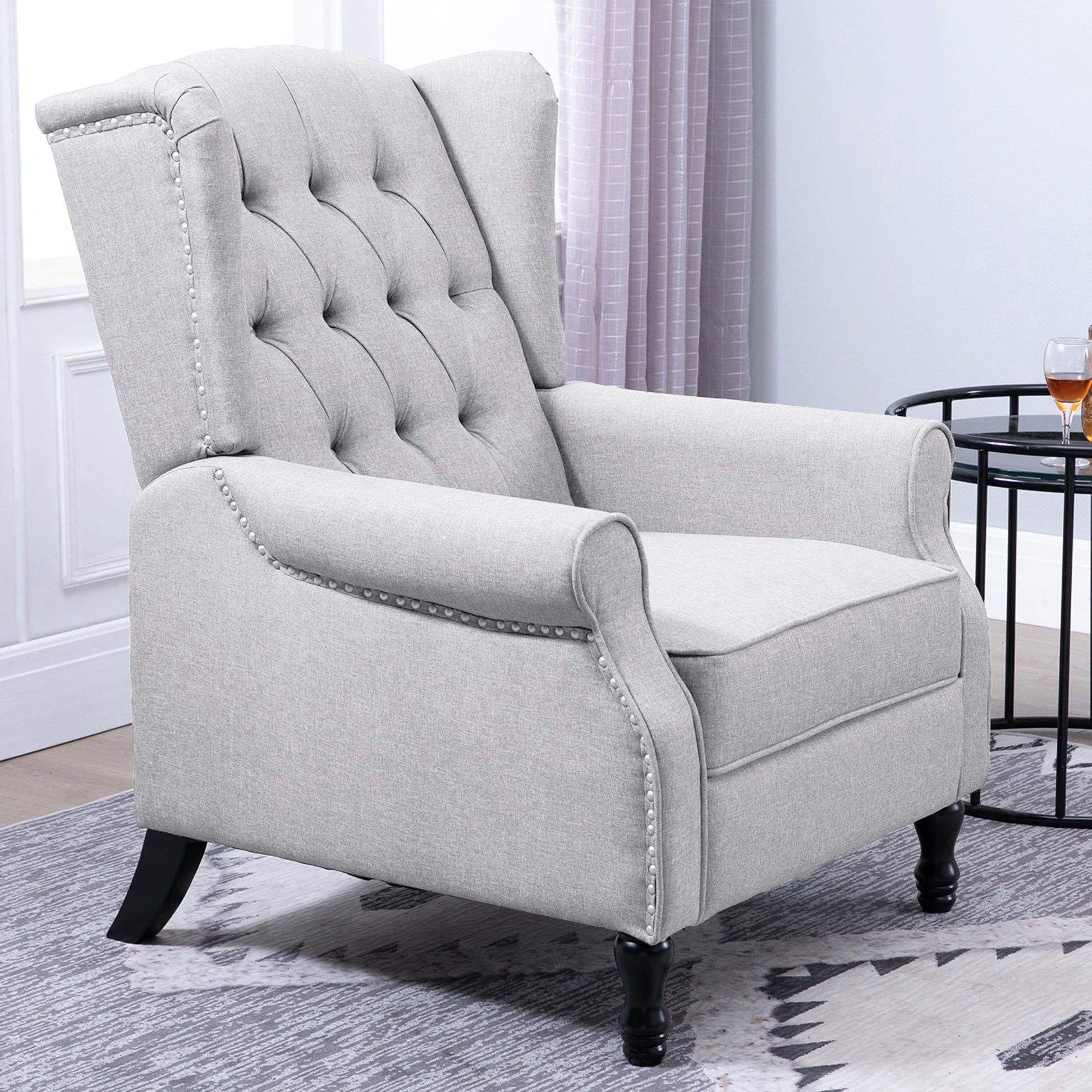 HOMCOM Recliner Armchair, Vintage Reclining Chair with Nail Head Trim, Wingback Chair with Button Tufted Back and Footrest, for Living Room, Light Grey