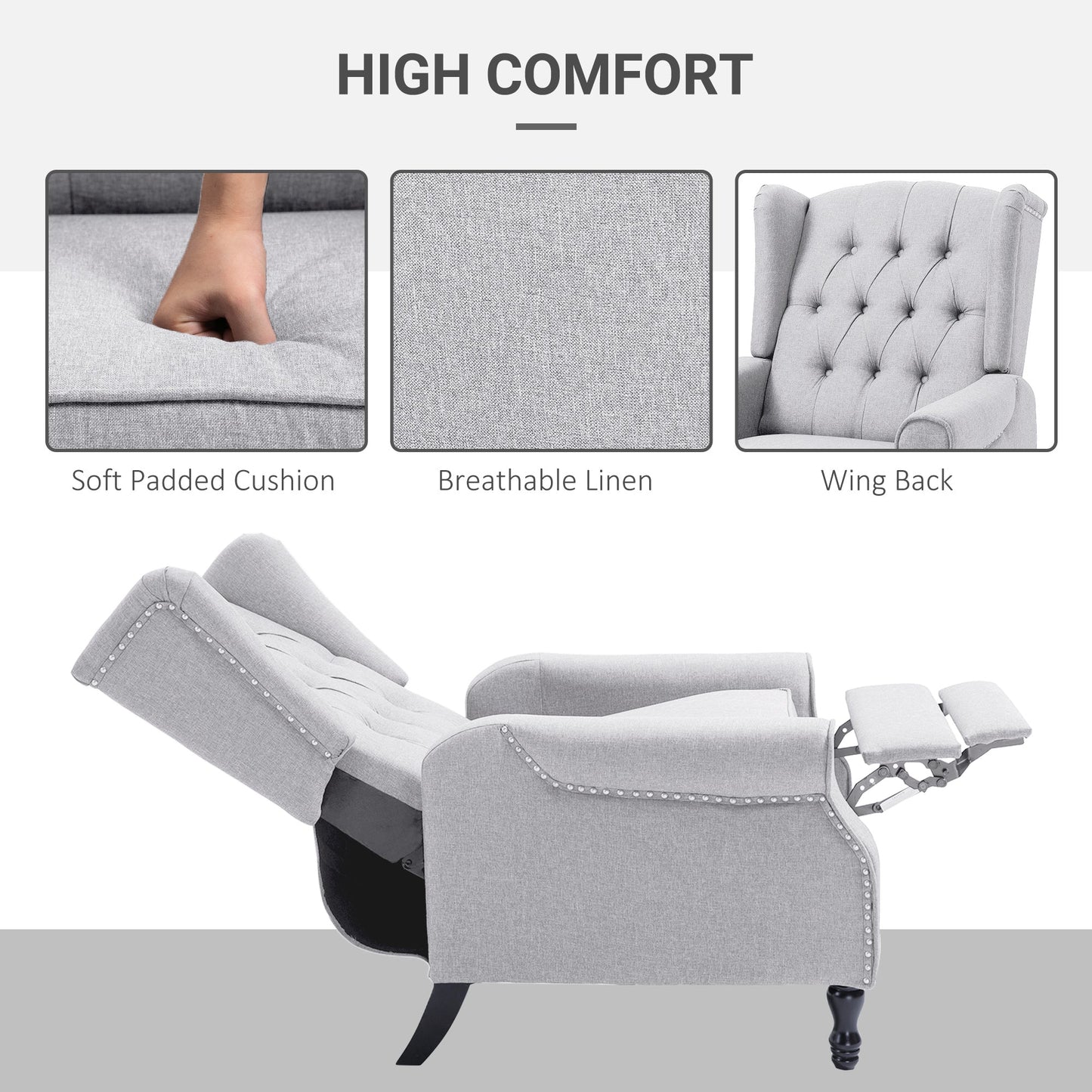 HOMCOM Recliner Armchair, Vintage Reclining Chair with Nail Head Trim, Wingback Chair with Button Tufted Back and Footrest, for Living Room, Light Grey