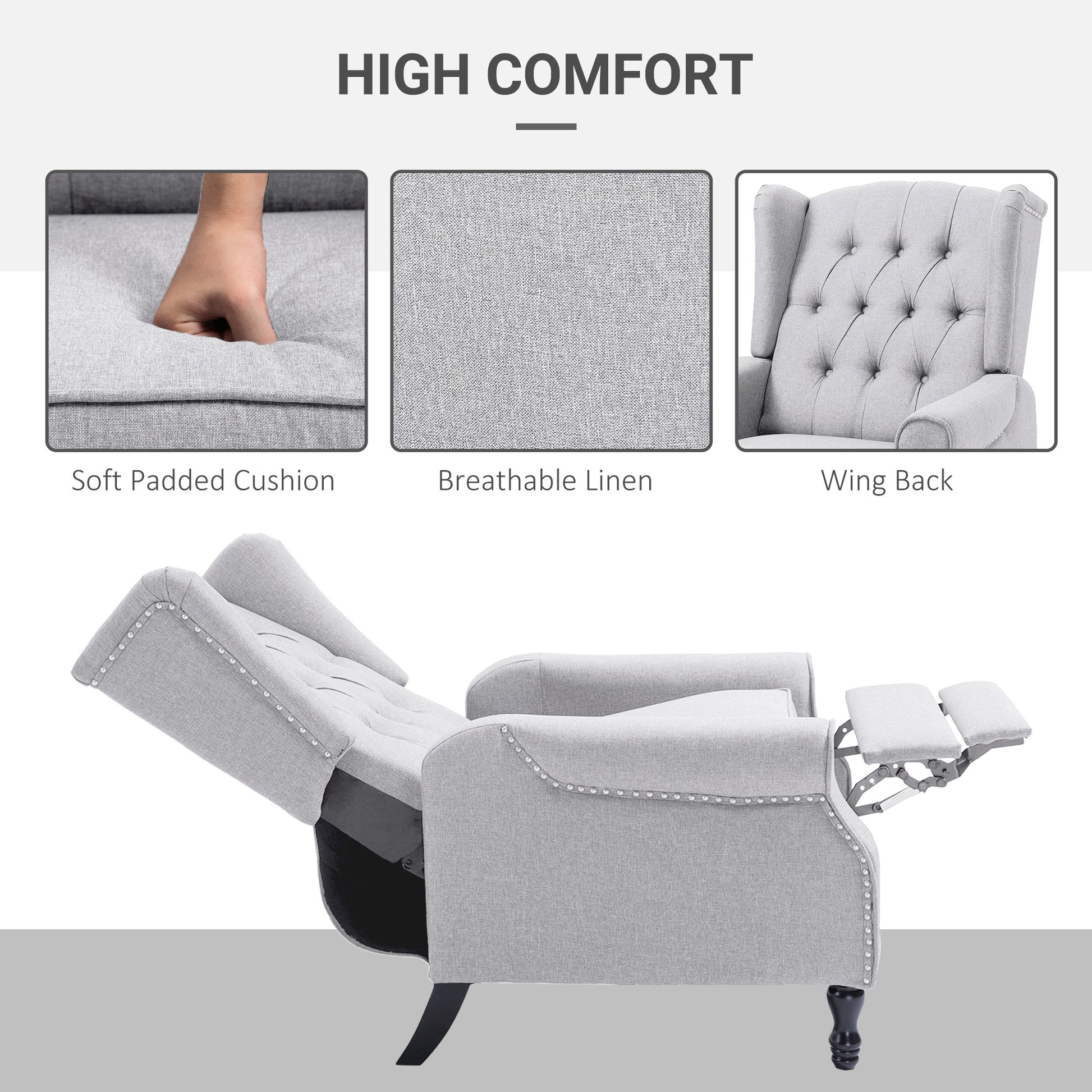 HOMCOM Recliner Armchair, Vintage Reclining Chair with Nail Head Trim, Wingback Chair with Button Tufted Back and Footrest, for Living Room, Light Grey