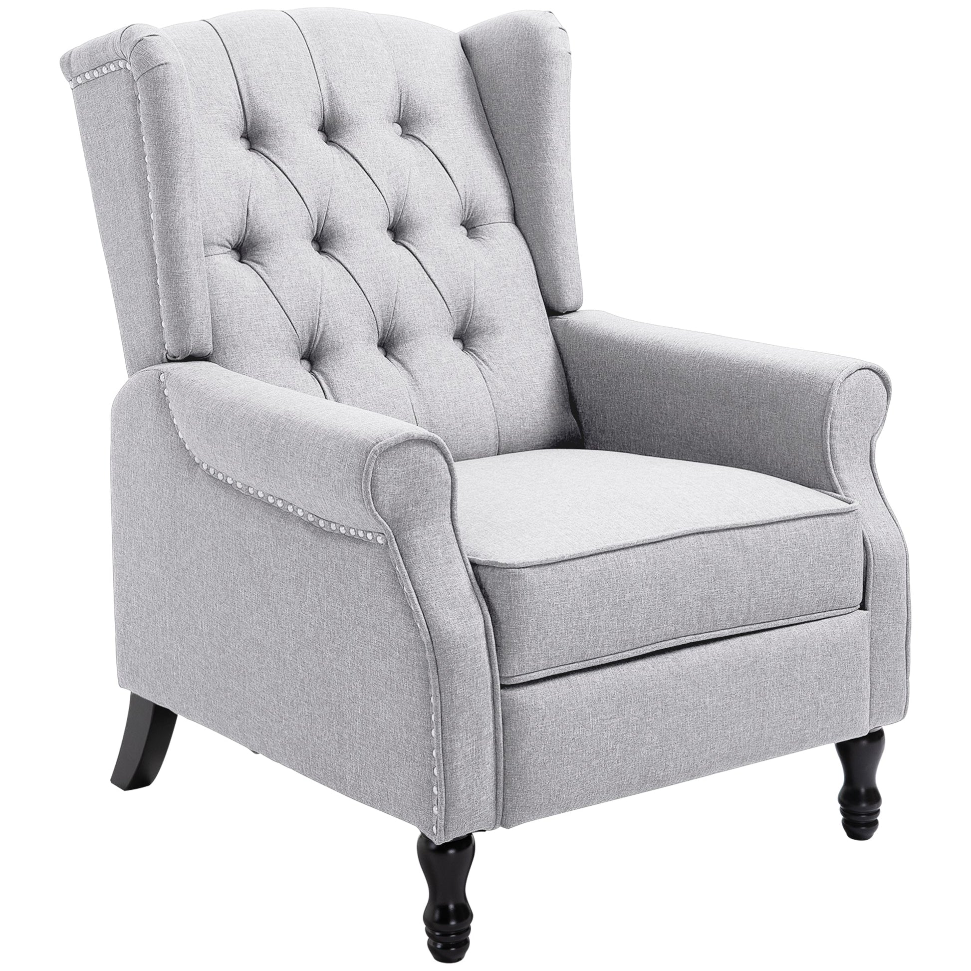 HOMCOM Recliner Armchair, Vintage Reclining Chair with Nail Head Trim, Wingback Chair with Button Tufted Back and Footrest, for Living Room, Light Grey
