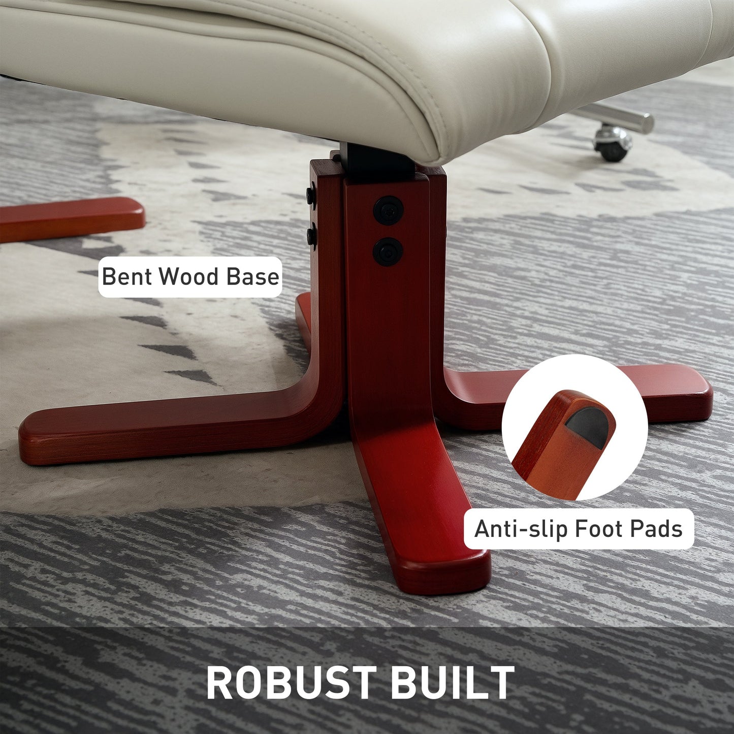 Recliner Chair with Footstool, PU Leather Rocker Recliner Armchair with High Back, Wooden Base, Reclining Chair for Living Room, Bedroom, Cream White