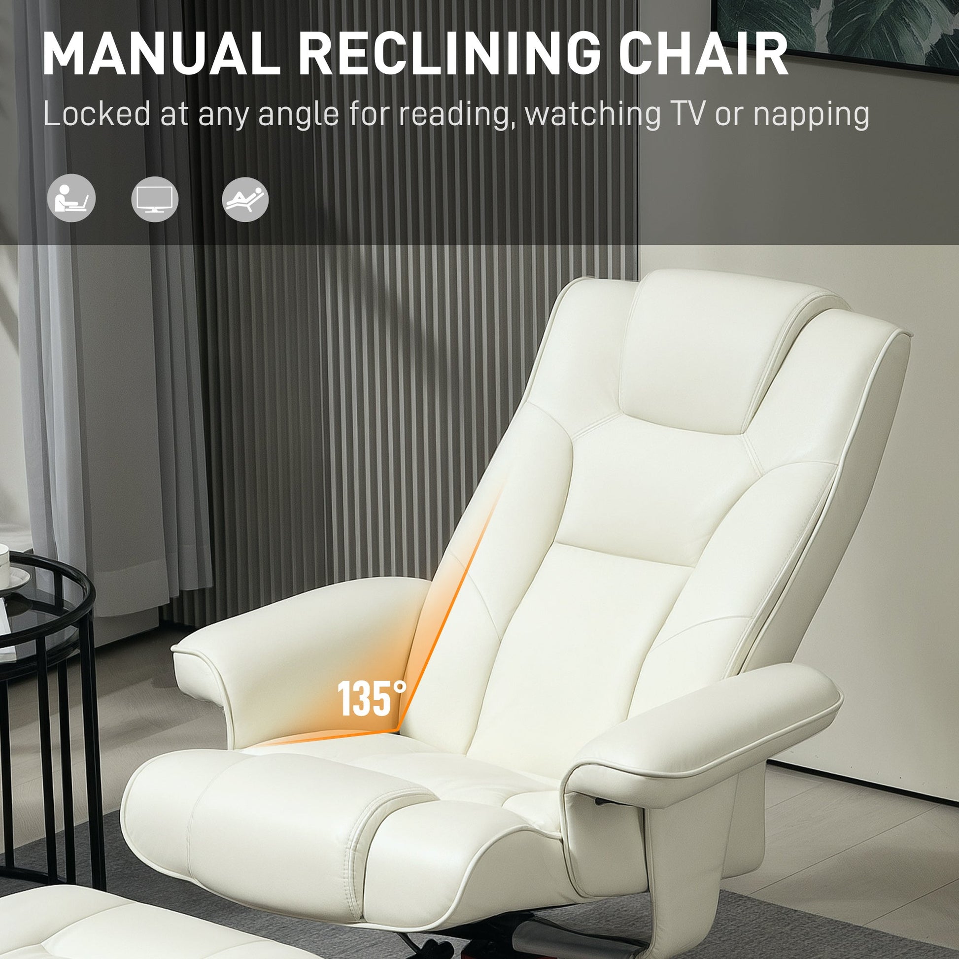 Recliner Chair with Footstool, PU Leather Rocker Recliner Armchair with High Back, Wooden Base, Reclining Chair for Living Room, Bedroom, Cream White