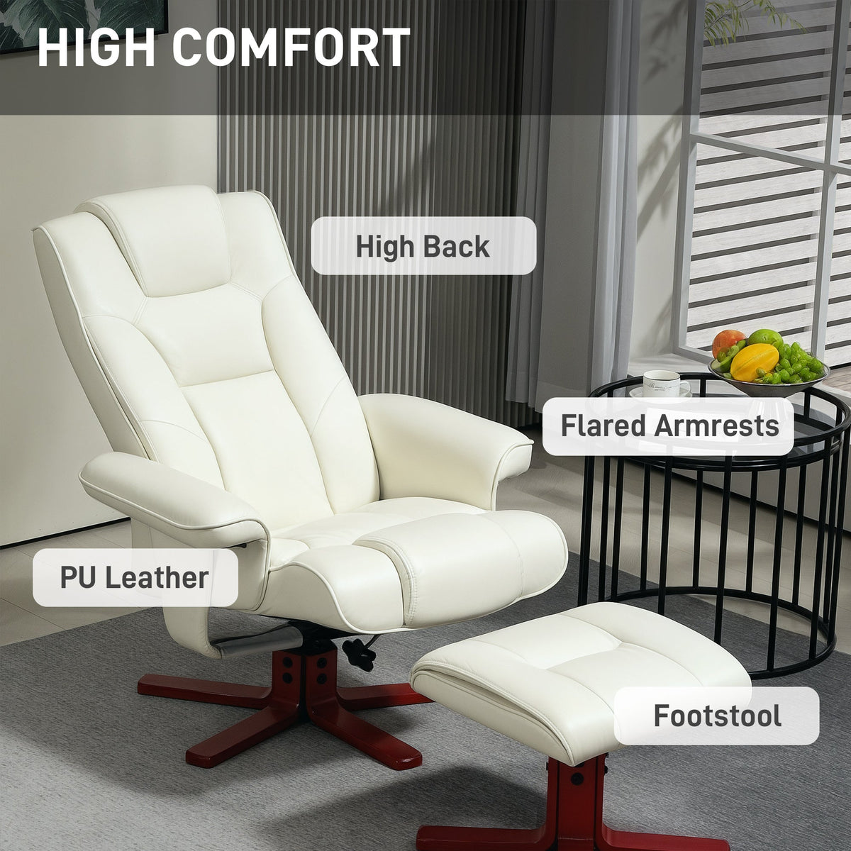 Recliner Chair with Footstool, PU Leather Rocker Recliner Armchair with High Back, Wooden Base, Reclining Chair for Living Room, Bedroom, Cream White