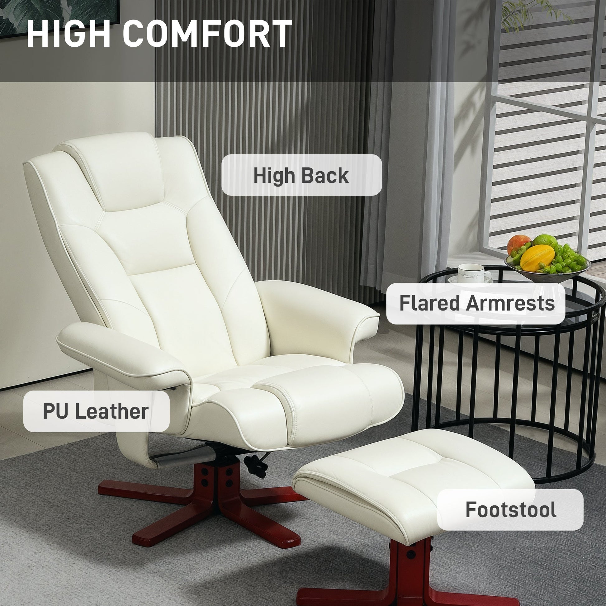 Recliner Chair with Footstool, PU Leather Rocker Recliner Armchair with High Back, Wooden Base, Reclining Chair for Living Room, Bedroom, Cream White