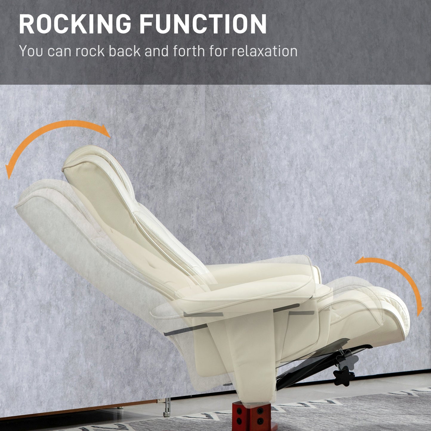 Recliner Chair with Footstool, PU Leather Rocker Recliner Armchair with High Back, Wooden Base, Reclining Chair for Living Room, Bedroom, Cream White