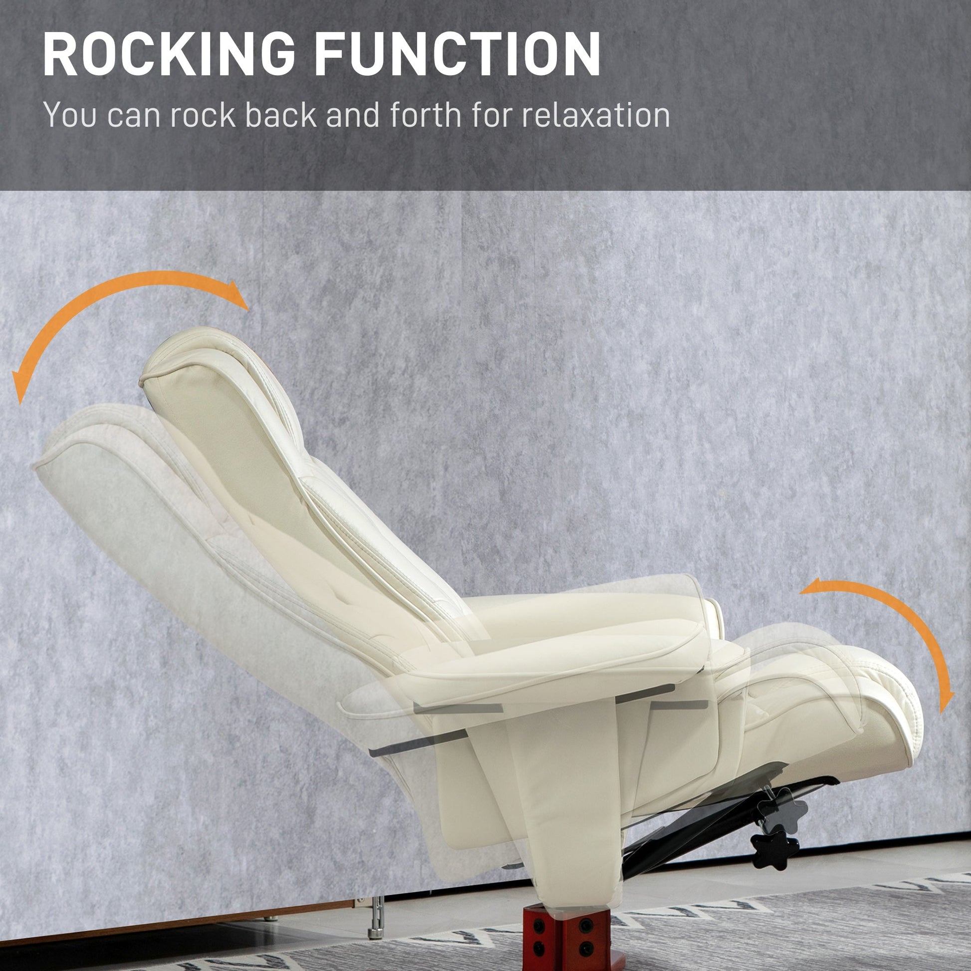Recliner Chair with Footstool, PU Leather Rocker Recliner Armchair with High Back, Wooden Base, Reclining Chair for Living Room, Bedroom, Cream White