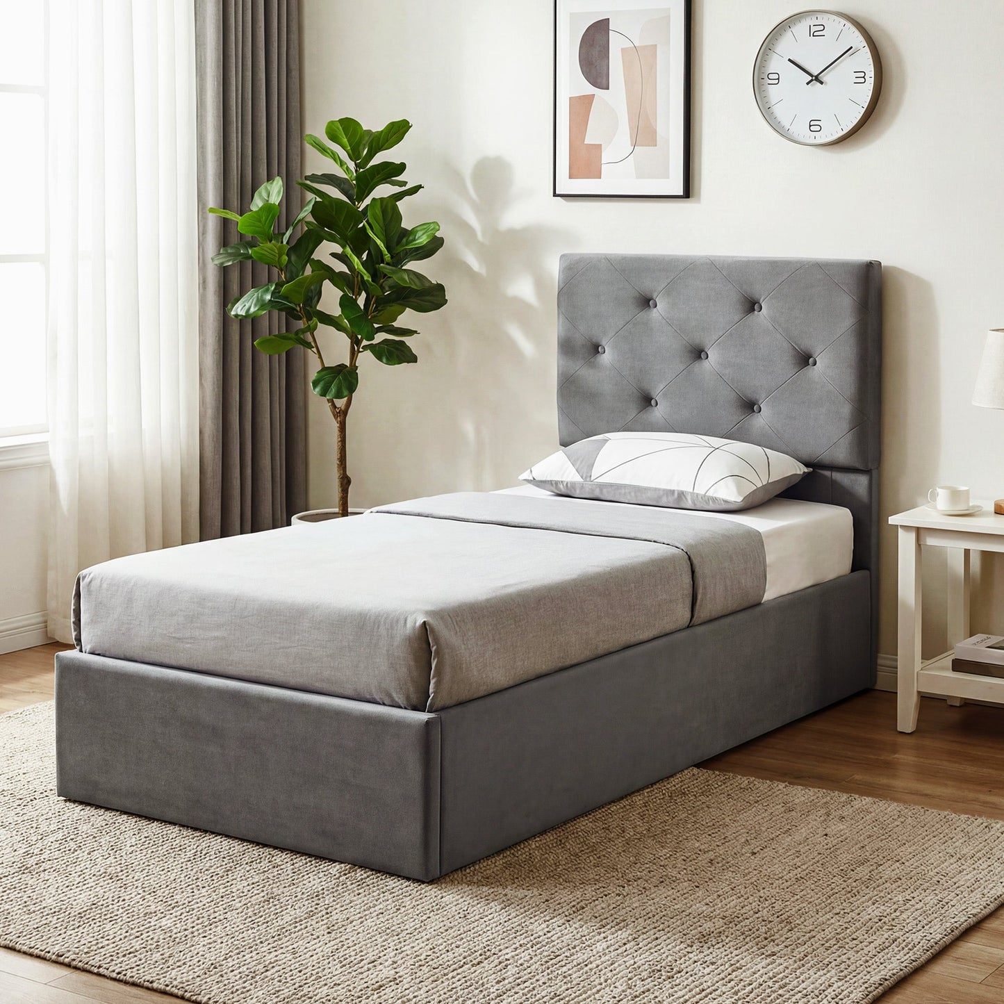 3FT Single Bed Frame for 90 x 190 cm Mattress, Upholstered Platform Bed Frame with Tufted Headboard, Gas Lift Up Storage, Mattress Foundation, Dark Grey