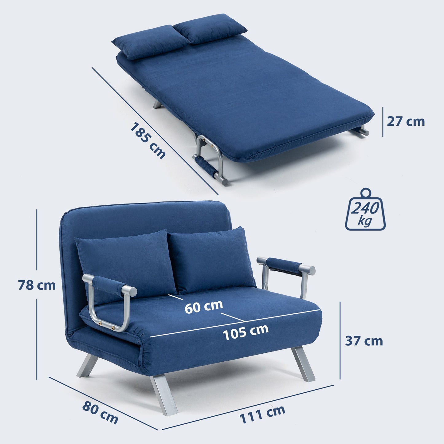 2 Seater Sofa Bed, Click Clack Convertible Bed Settee, Modern Faux Suede Upholstered Sofa with 2 Pillows for Living Room, Guest Room, Dark Blue