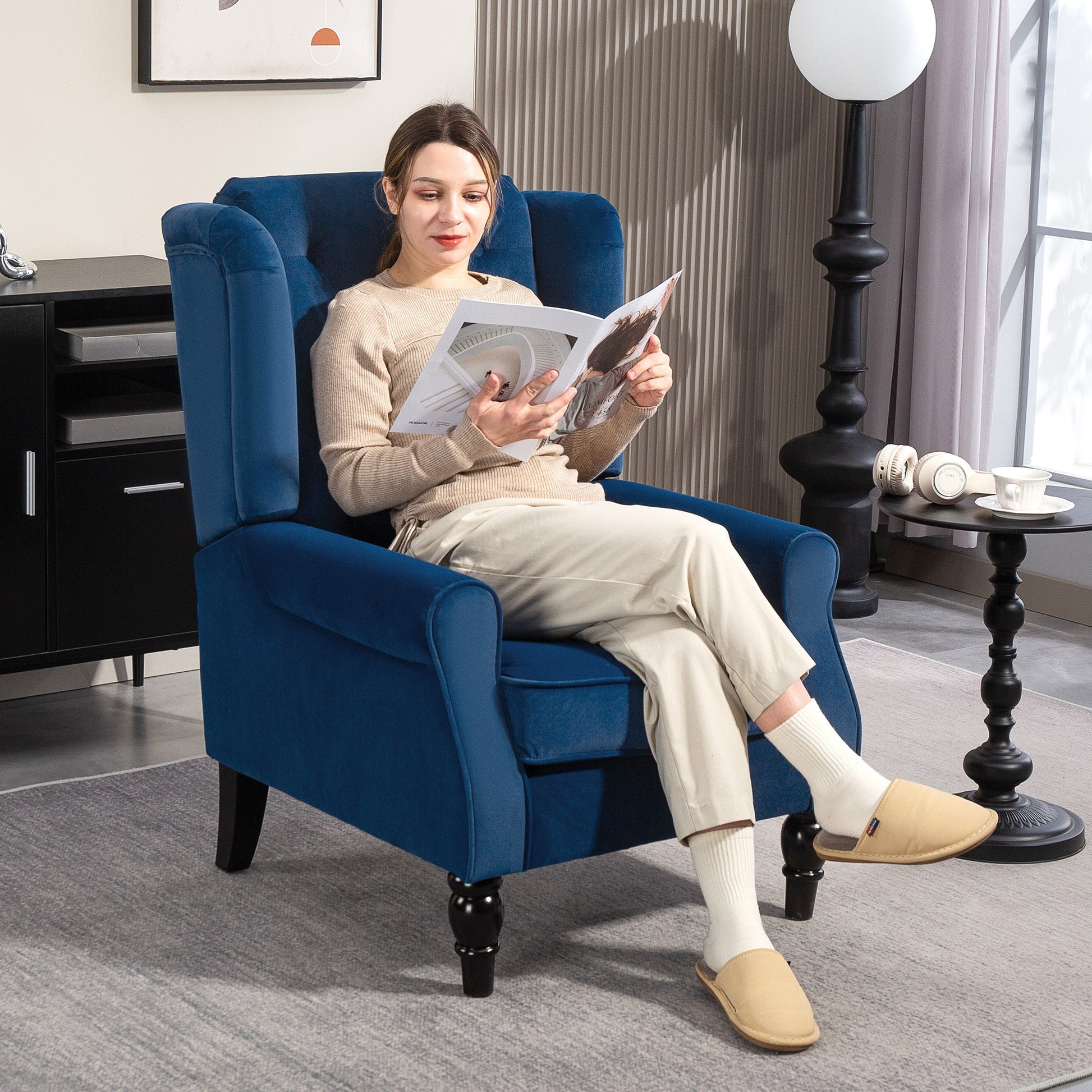 Retro Accent Chair, Velvet Wingback Armchair with Wood Frame Button Tufted Design for Living Room Bedroom, Blue