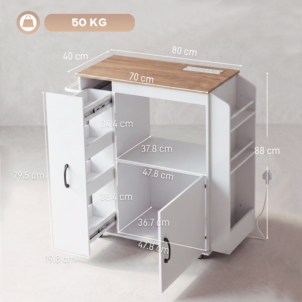 Kitchen Trolley on Wheels, Rolling Kitchen Island Cart with Power Outlet, Cabinet, Pull-Out Drawer and Towel & Spice Rack, Mobile Serving Trolley Cart for Dining Room, Bathroom, White