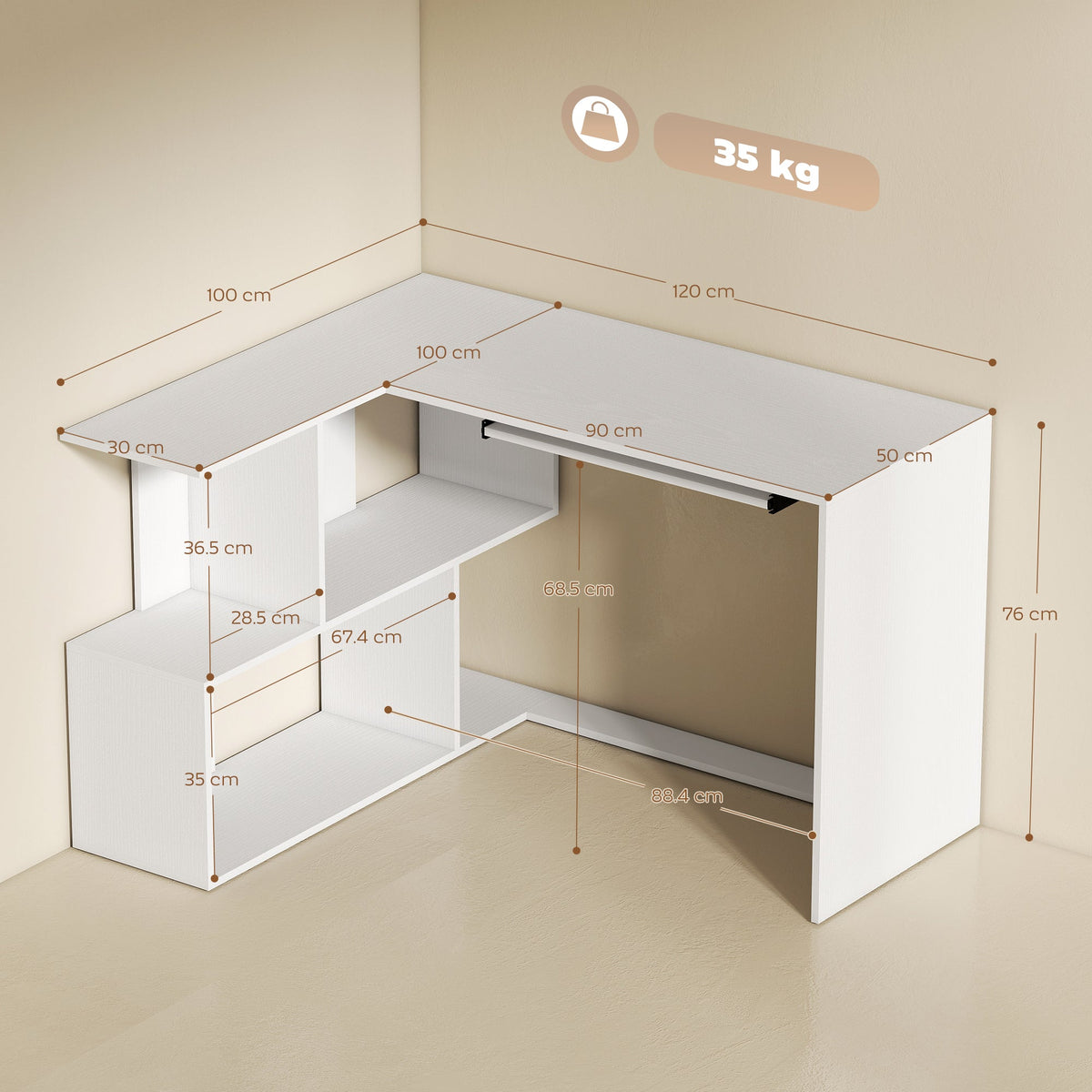 L-Shaped Corner Desk with Keyboard Tray, Computer Desk for Home Office with 4 Open Shelves, Space-Saving Study Workstation, 120 x 100 x 76 cm, White Wood Effect