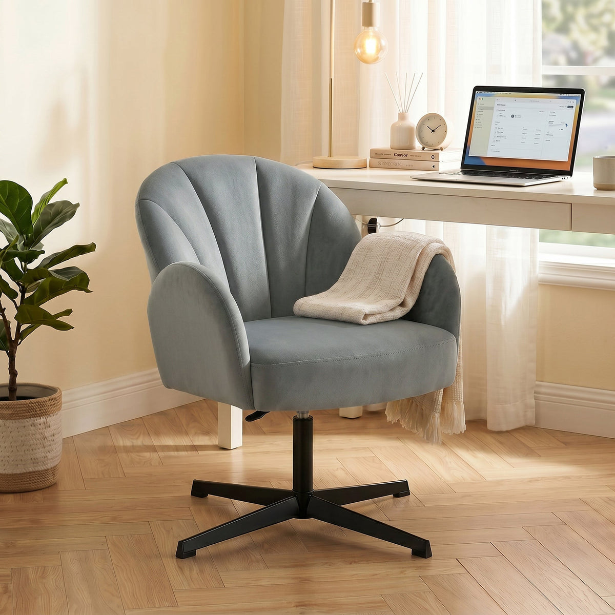 Swivel Accent Chair, Velvet-Feel Fabric Shell-Shaped Armchair with Spring Cushion, Metal Base, Modern Reading Chair for Living Room, Bedroom, Study, Makeup, Grey