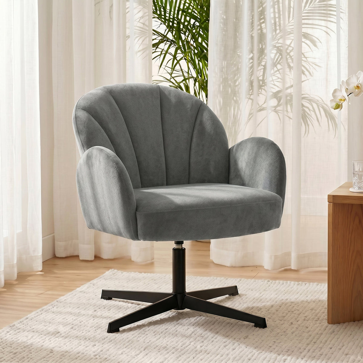 Swivel Accent Chair, Velvet-Feel Fabric Shell-Shaped Armchair with Spring Cushion, Metal Base, Modern Reading Chair for Living Room, Bedroom, Study, Makeup, Grey