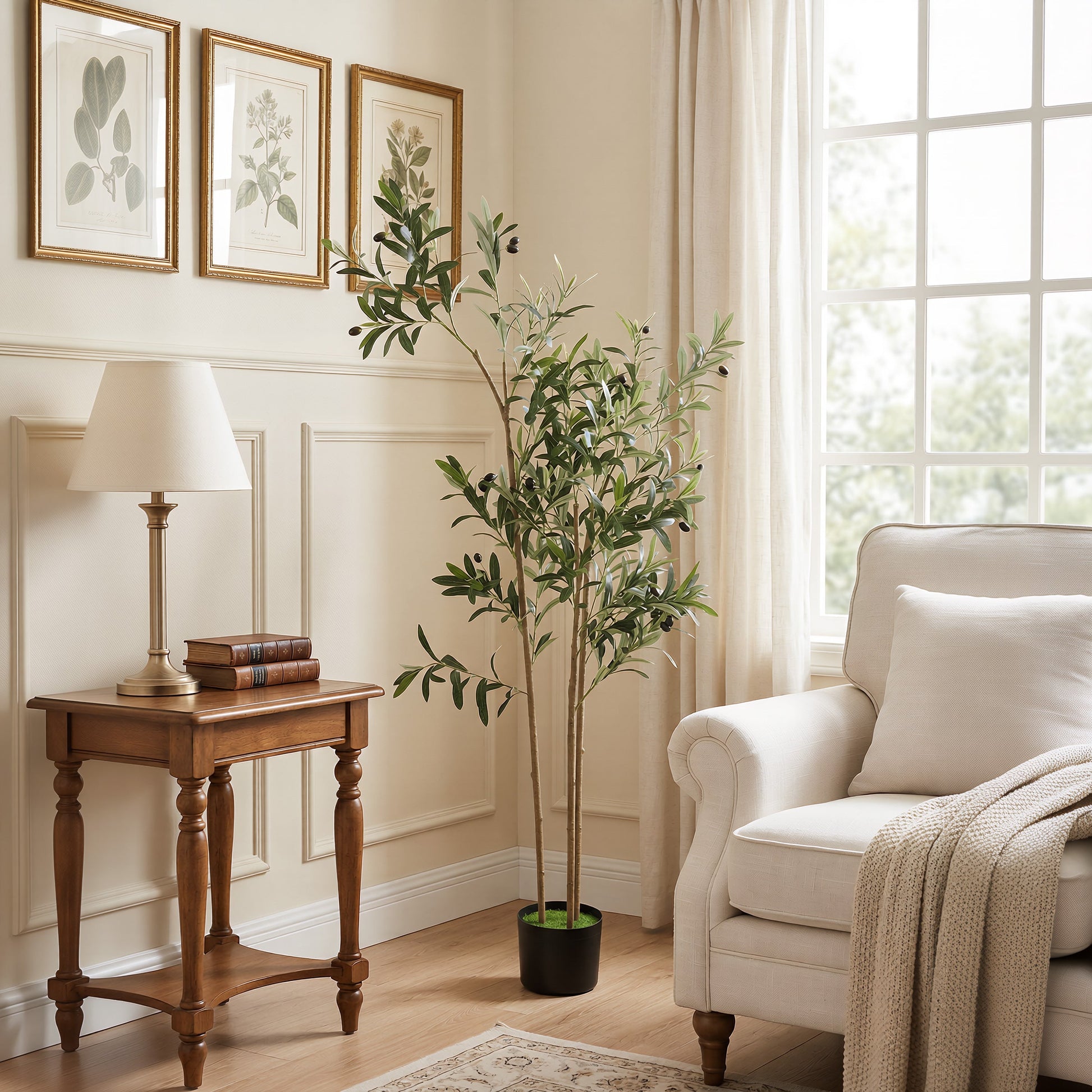 148 cm Decorative Artificial Plant, Silk Olive Tree with 553 Leaves in Cement Pot, Fake Plant for Home, Office, Living Room, Indoor Decor