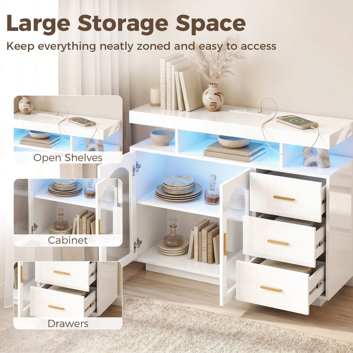 High Gloss Sideboard with LED Lights, Built-in Power Outlets, Modern Storage Cabinet with 3 Drawers, Shelves and 2 Acrylic Doors, Soft-Close TV Stand Unit for 72-Inch TVs, Living Room, White