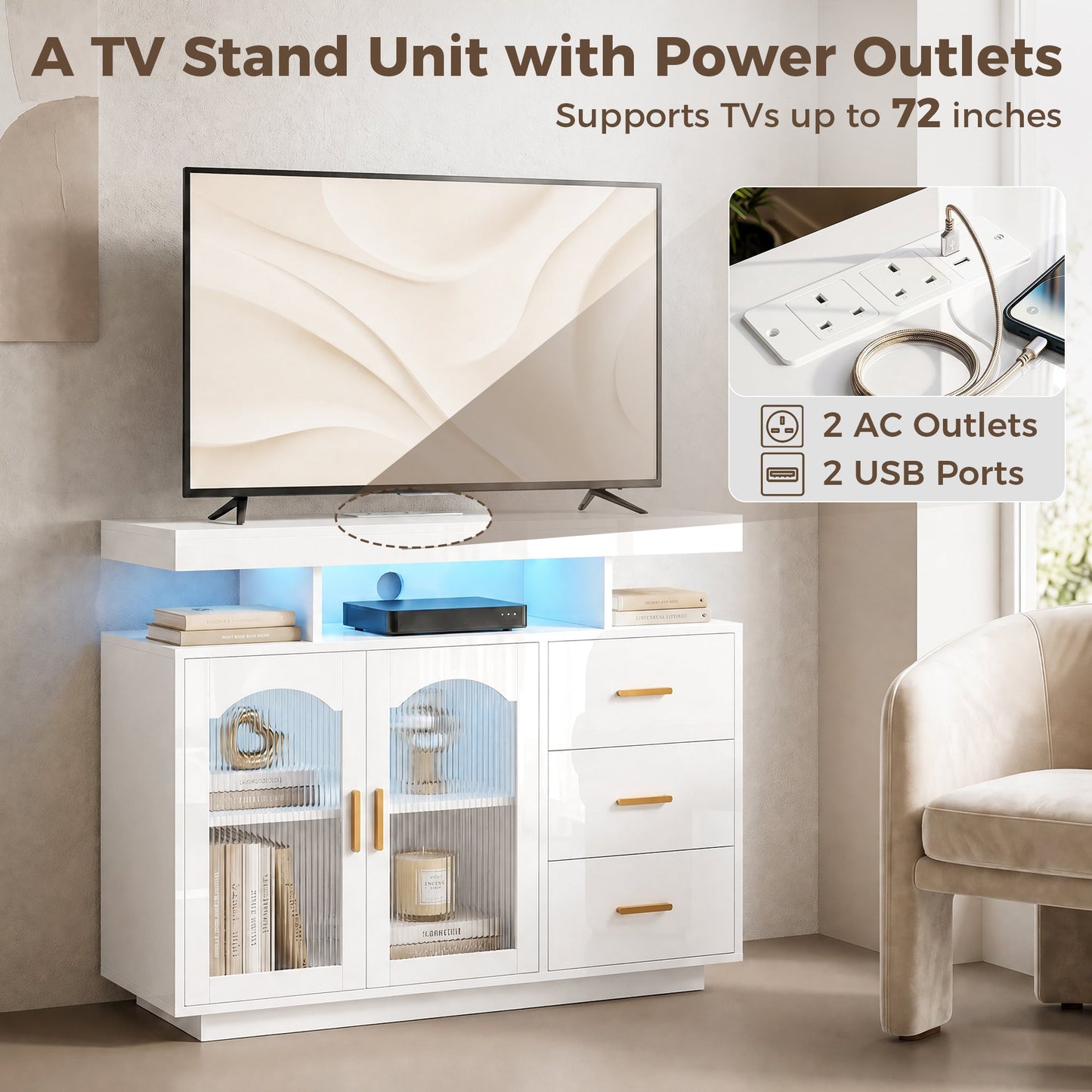 High Gloss Sideboard with LED Lights, Built-in Power Outlets, Modern Storage Cabinet with 3 Drawers, Shelves and 2 Acrylic Doors, Soft-Close TV Stand Unit for 72-Inch TVs, Living Room, White