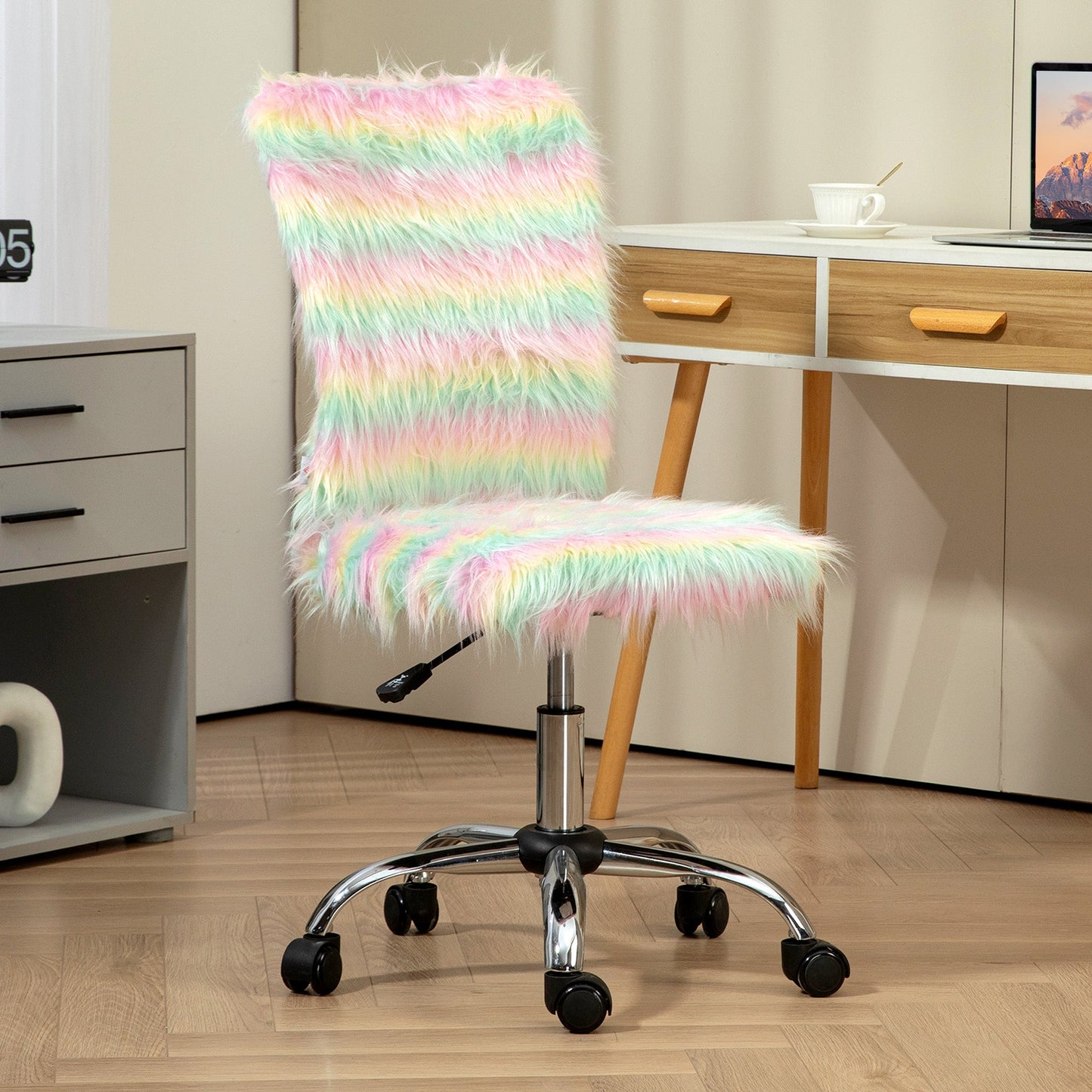 HOMCOM Armless Computer Desk Chair, Fluffy Fabric Swivel Office Chair, Makeup Vanity Chair with Height Adjustable, Wheels, for Home Study Bedroom, Multicolour