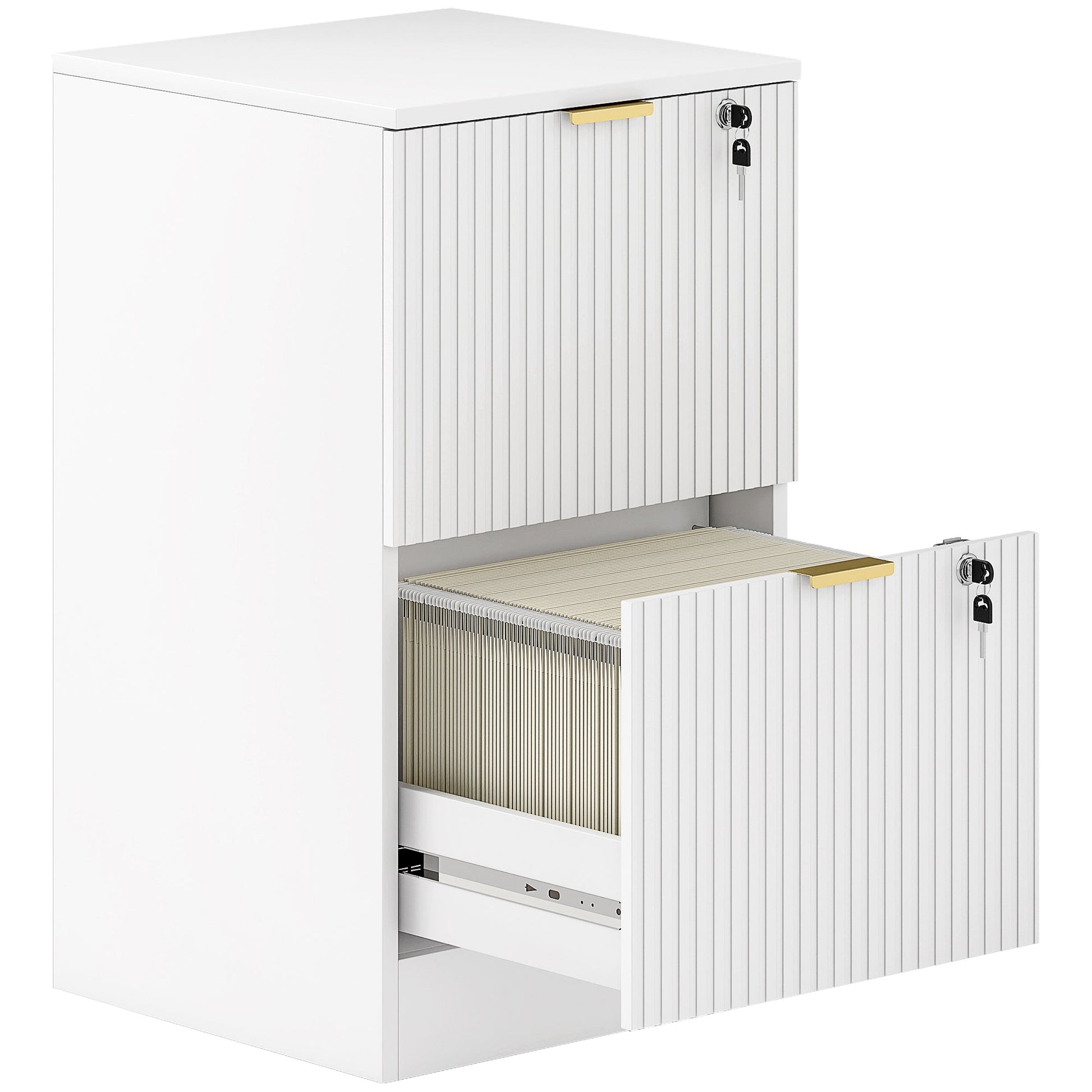 2 Drawer Filing Cabinet, Fluted Vertical File Cabinet with Lock and Adjustable Hanging Rails for A4 and Letter Size Files, Printer Stand with Storage, White