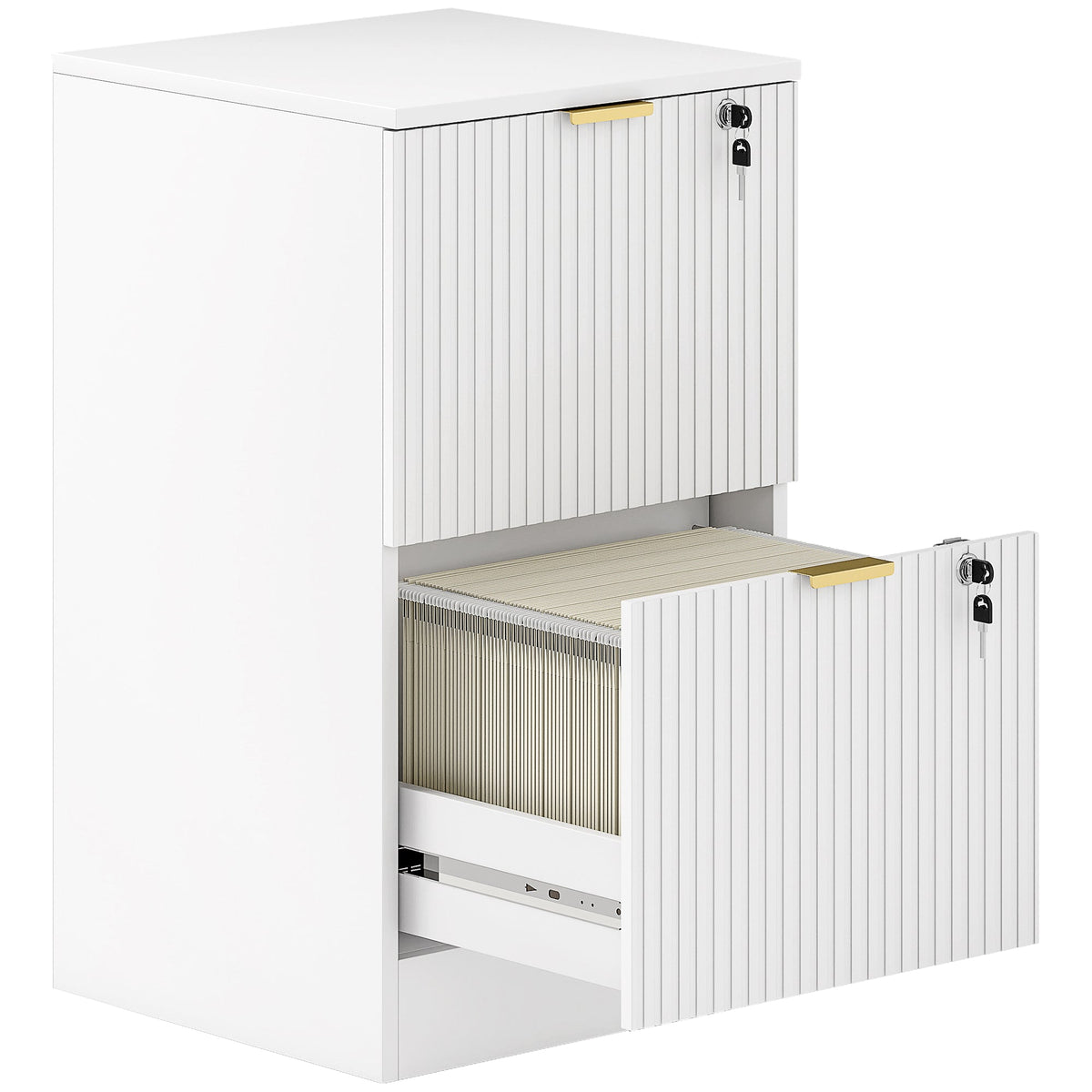 2 Drawer Filing Cabinet, Fluted Vertical File Cabinet with Lock and Adjustable Hanging Rails for A4 and Letter Size Files, Printer Stand with Storage, White