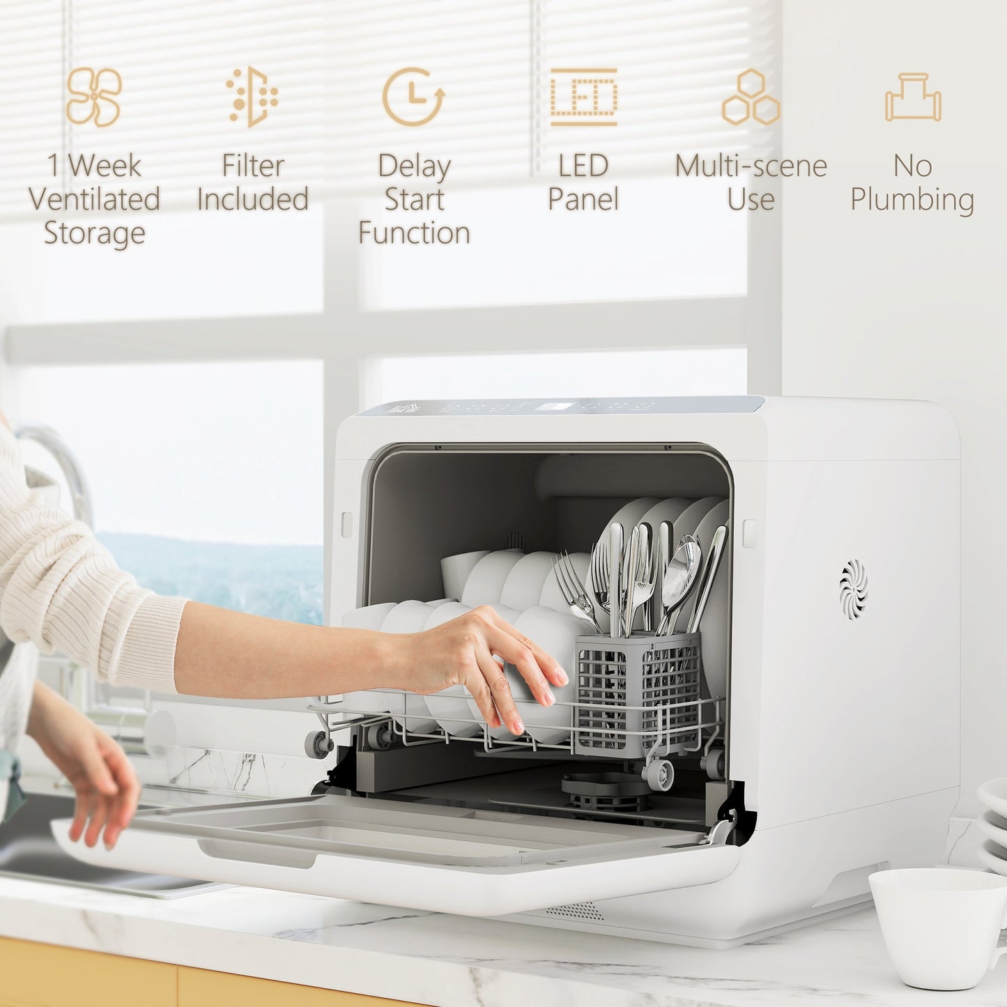 Tabletop Dishwasher, Mini Countertop Dishwasher with Built-in 6L Water Tank, 6 Programs, Touch Control, LED Display, 4 Place Settings, Dual Water Supply and Air Drying Function, White
