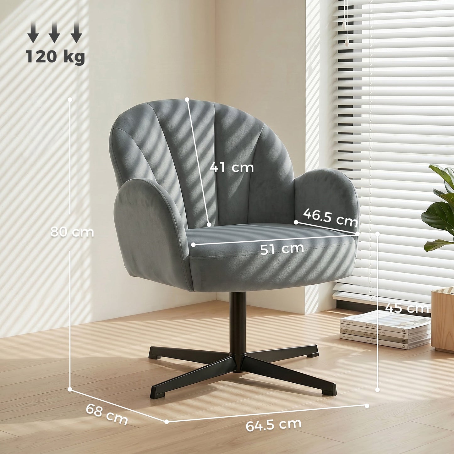 Swivel Accent Chair, Velvet-Feel Fabric Shell-Shaped Armchair with Spring Cushion, Metal Base, Modern Reading Chair for Living Room, Bedroom, Study, Makeup, Grey