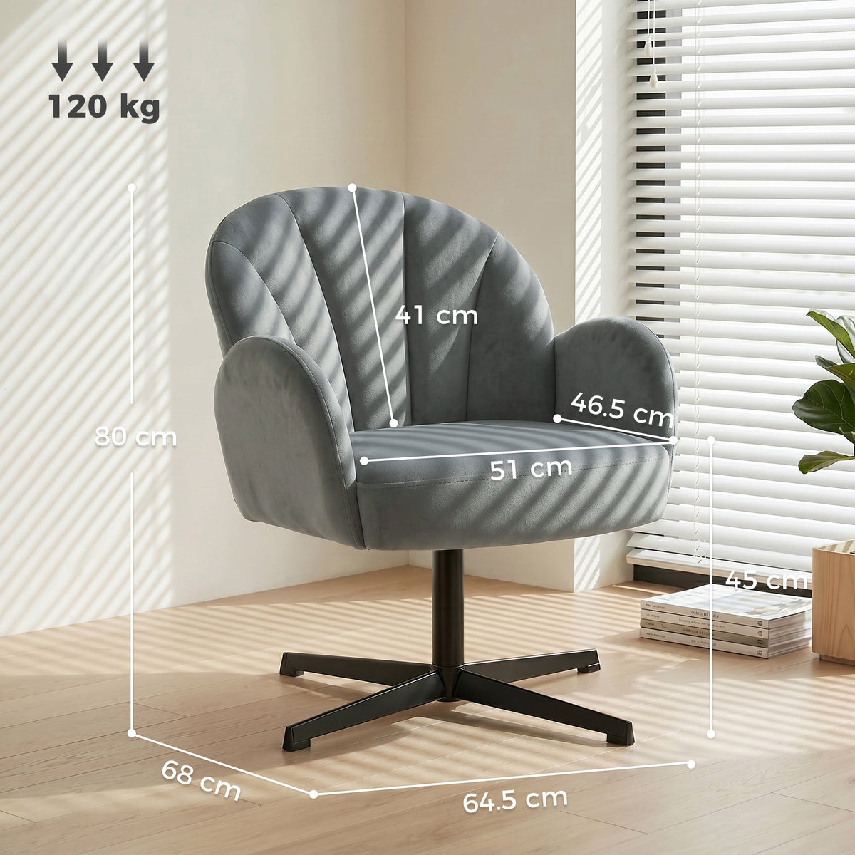 Swivel Accent Chair, Velvet-Feel Fabric Shell-Shaped Armchair with Spring Cushion, Metal Base, Modern Reading Chair for Living Room, Bedroom, Study, Makeup, Grey