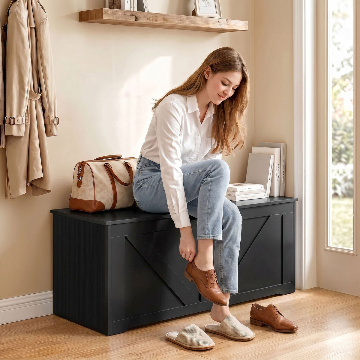 127L Storage Chest, Shoe Storage Trunk Bench Box with 2 Safety Hinges and U-shaped Cut-out Pull, Blanket Box Ottoman for Bedroom, Living Room, Entryway, 100 x 40 x 45 cm, Black Wood-Effect