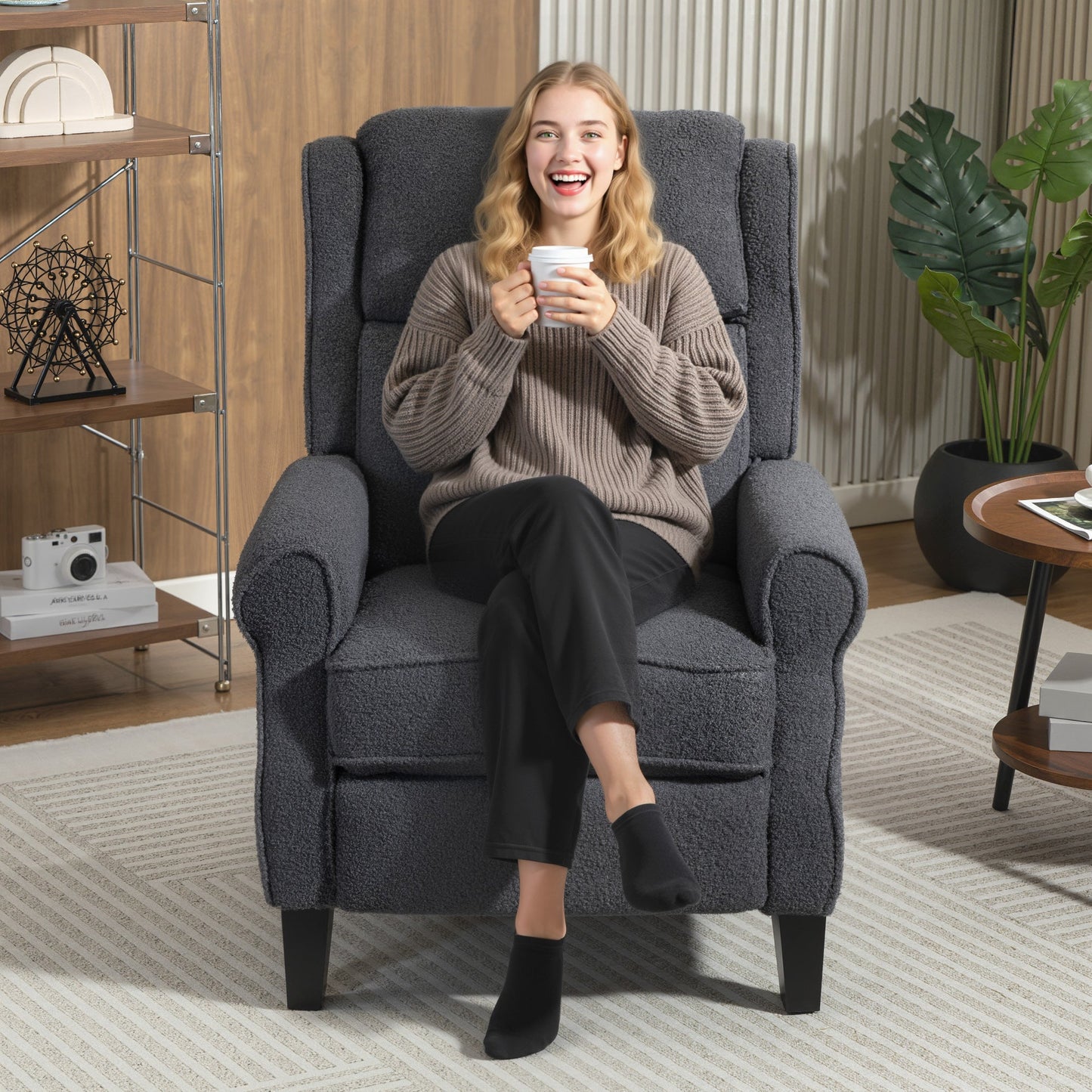 Recliner Armchair, Teddy Fleece Recliner Chair with Extended Leg Rest, Spring Pack, Thick Padded, for Tall People, Push Back Reclining Chair for Home, Living Room, Charcoal Grey