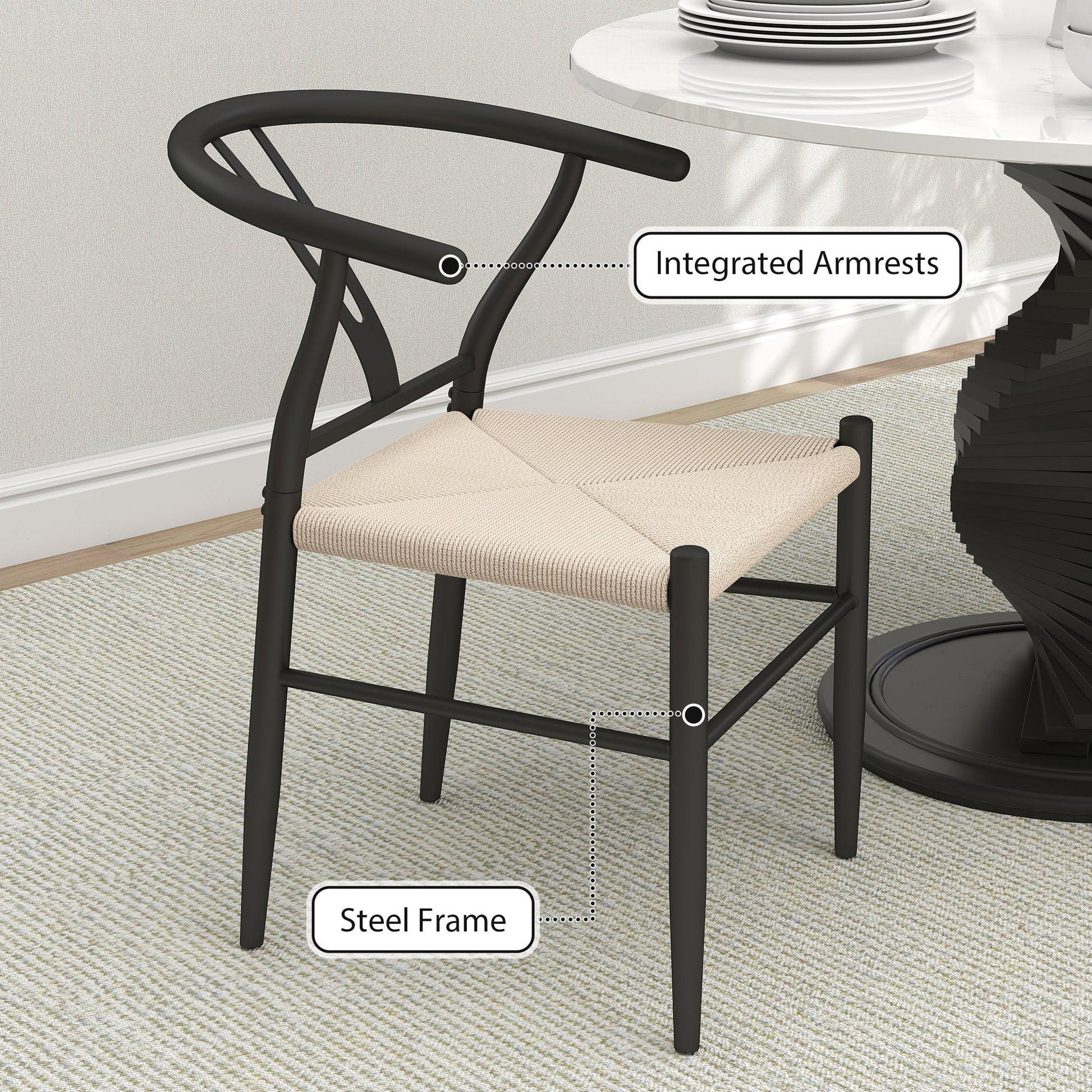 Weave Dining Chairs Set of 2, Mid-Century Modern Metal Kitchen Chairs with Y-Shaped Backrest and Hemp Seat for Dining Room, Living Room, Bedroom, Black