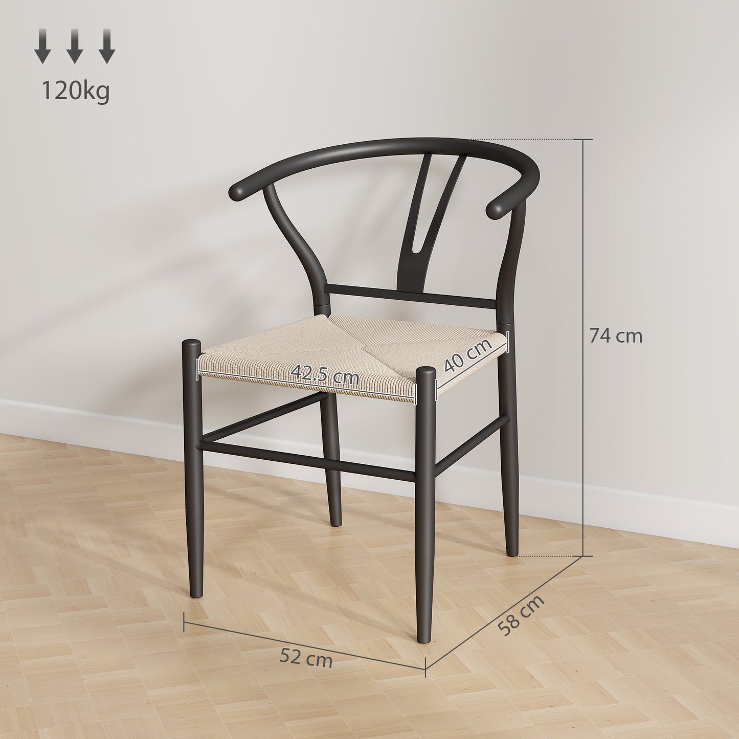 Weave Dining Chairs Set of 2, Mid-Century Modern Metal Kitchen Chairs with Y-Shaped Backrest and Hemp Seat for Dining Room, Living Room, Bedroom, Black
