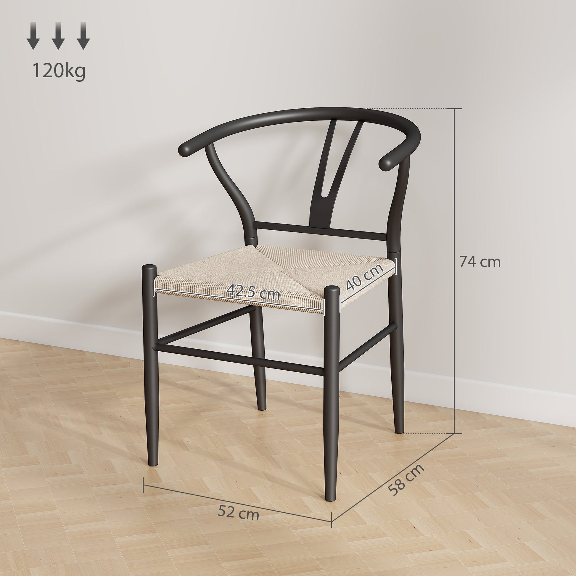 Weave Dining Chairs Set of 2, Mid-Century Modern Metal Kitchen Chairs with Y-Shaped Backrest and Hemp Seat for Dining Room, Living Room, Bedroom, Black