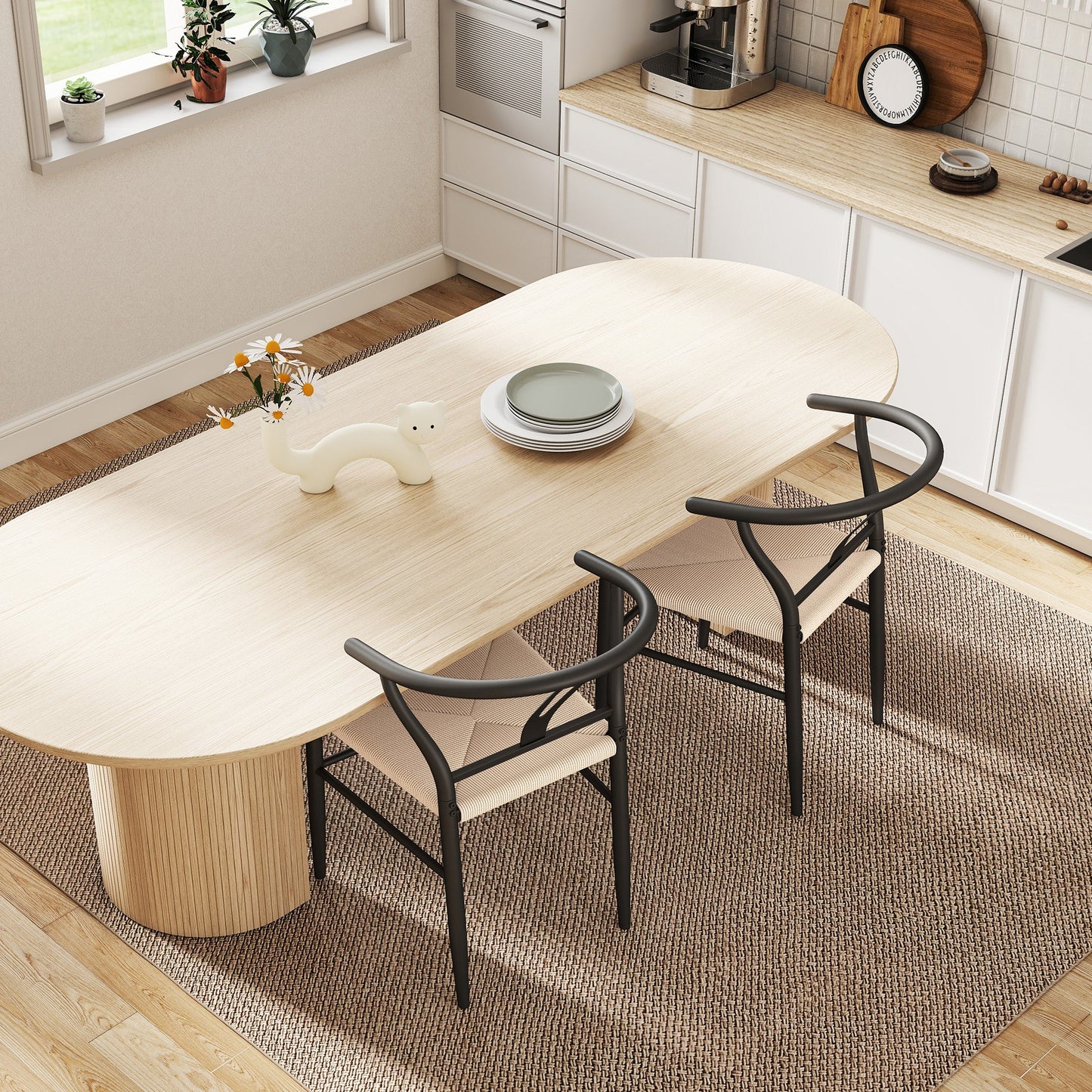 Weave Dining Chairs Set of 2, Mid-Century Modern Metal Kitchen Chairs with Y-Shaped Backrest and Hemp Seat for Dining Room, Living Room, Bedroom, Black