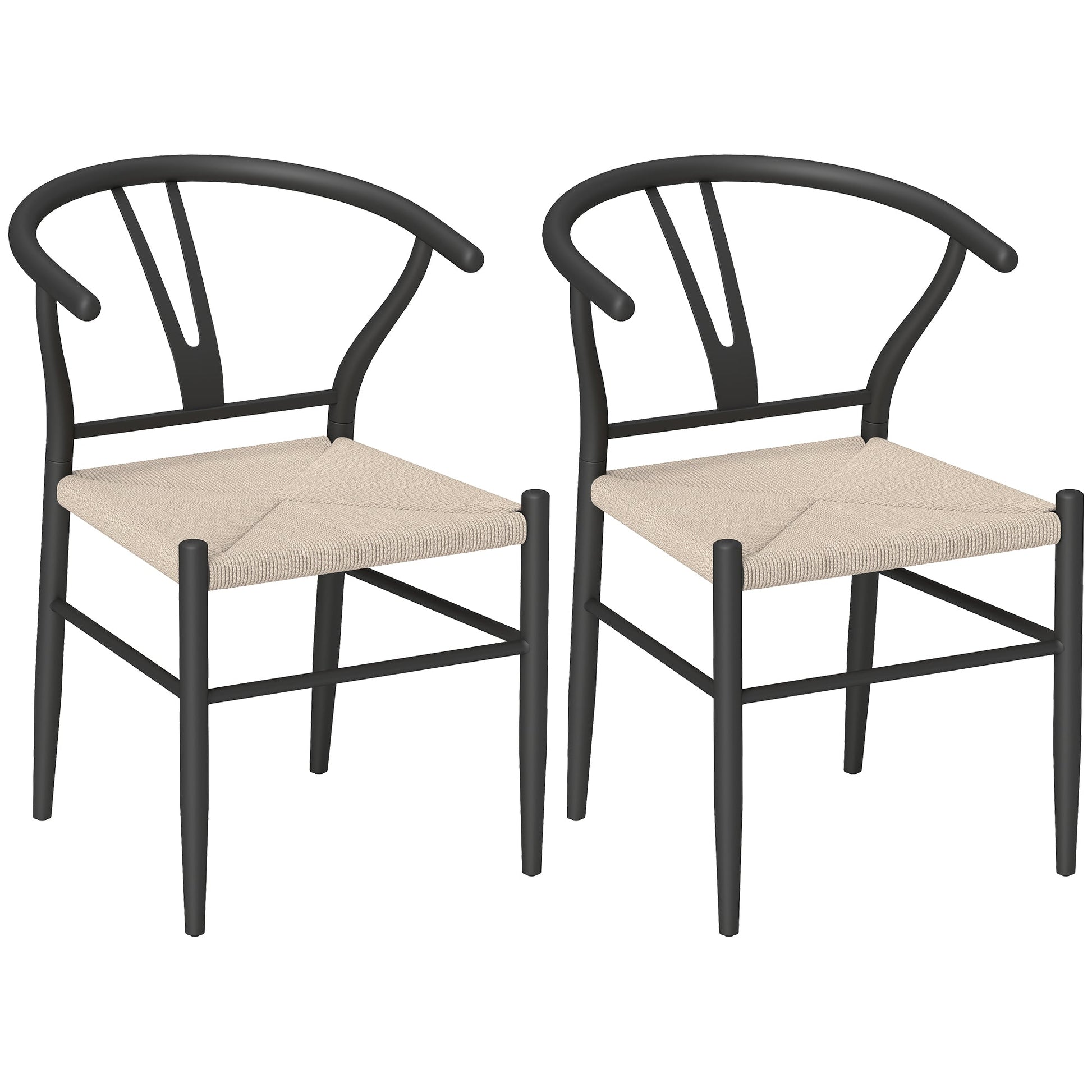 Weave Dining Chairs Set of 2, Mid-Century Modern Metal Kitchen Chairs with Y-Shaped Backrest and Hemp Seat for Dining Room, Living Room, Bedroom, Black
