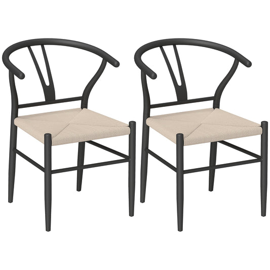 Weave Dining Chairs Set of 2, Mid-Century Modern Metal Kitchen Chairs with Y-Shaped Backrest and Hemp Seat for Dining Room, Living Room, Bedroom, Black