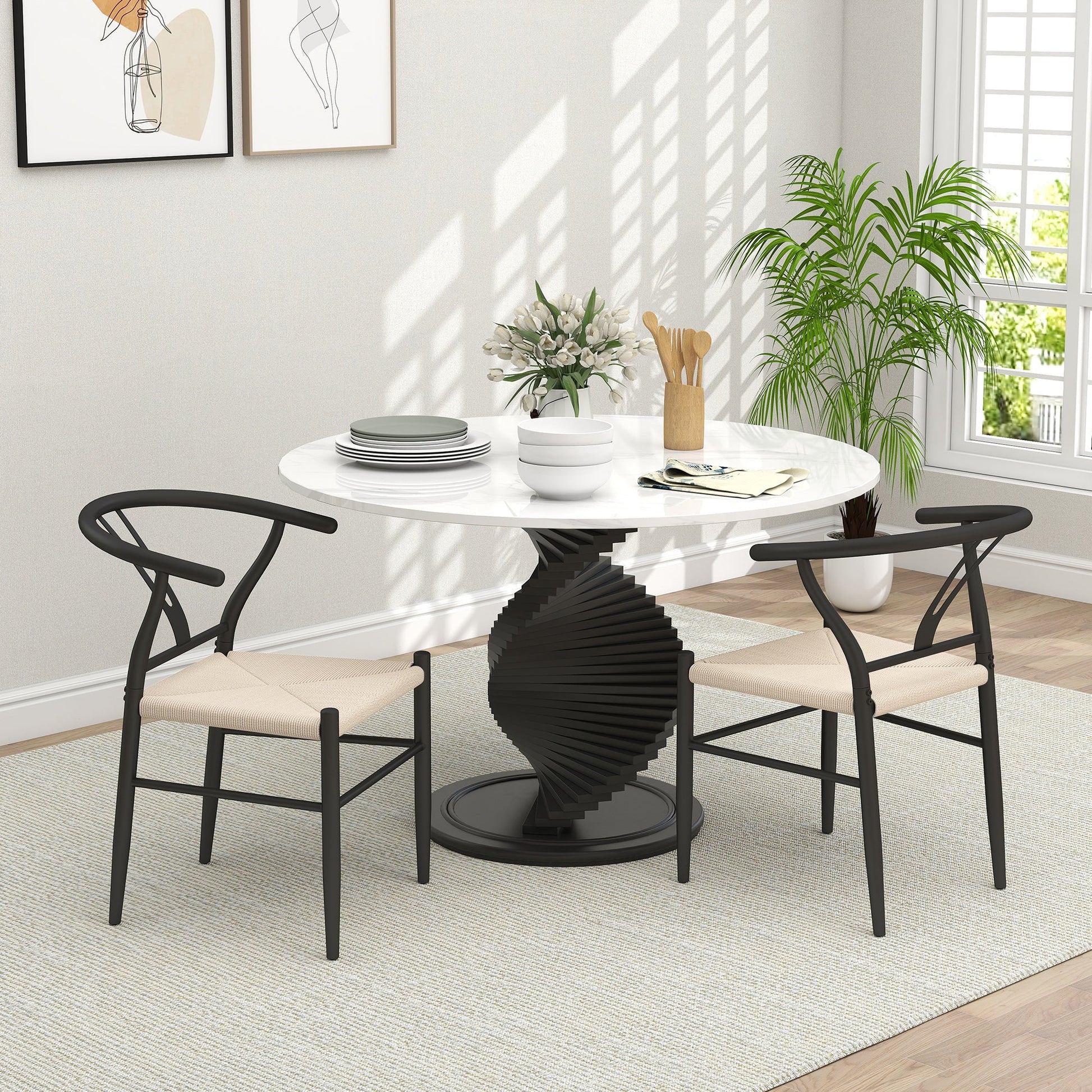 Weave Dining Chairs Set of 2, Mid-Century Modern Metal Kitchen Chairs with Y-Shaped Backrest and Hemp Seat for Dining Room, Living Room, Bedroom, Black