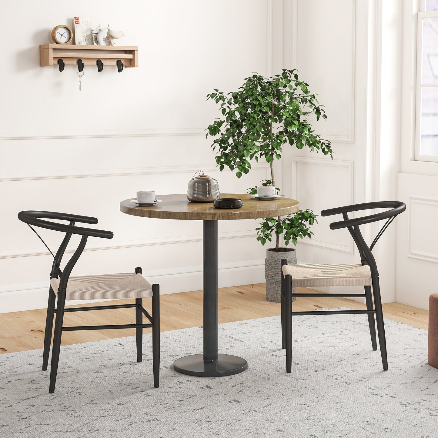 Weave Dining Chairs Set of 2, Mid-Century Modern Metal Kitchen Chairs with Y-Shaped Backrest and Hemp Seat for Dining Room, Living Room, Bedroom, Black