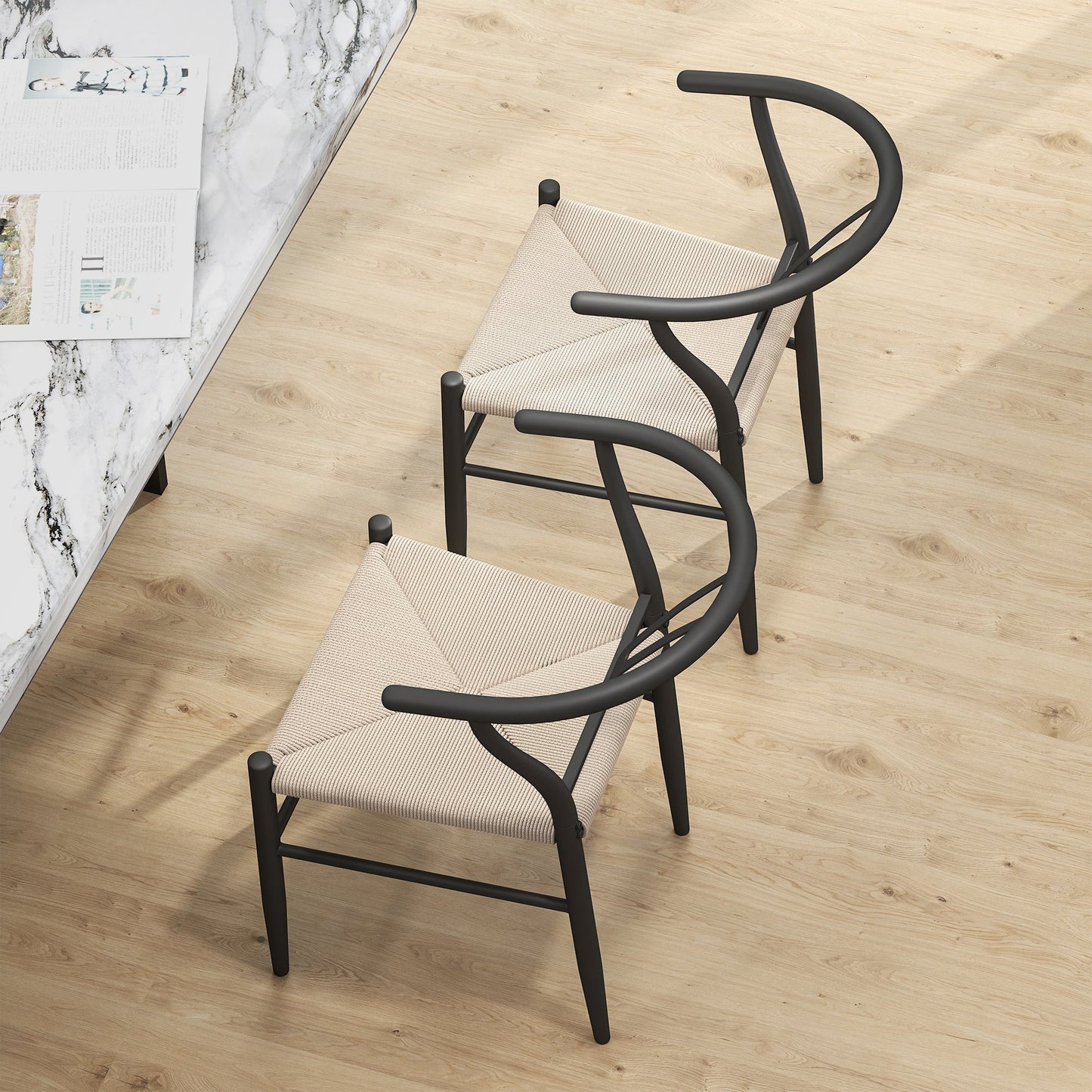 Weave Dining Chairs Set of 2, Mid-Century Modern Metal Kitchen Chairs with Y-Shaped Backrest and Hemp Seat for Dining Room, Living Room, Bedroom, Black