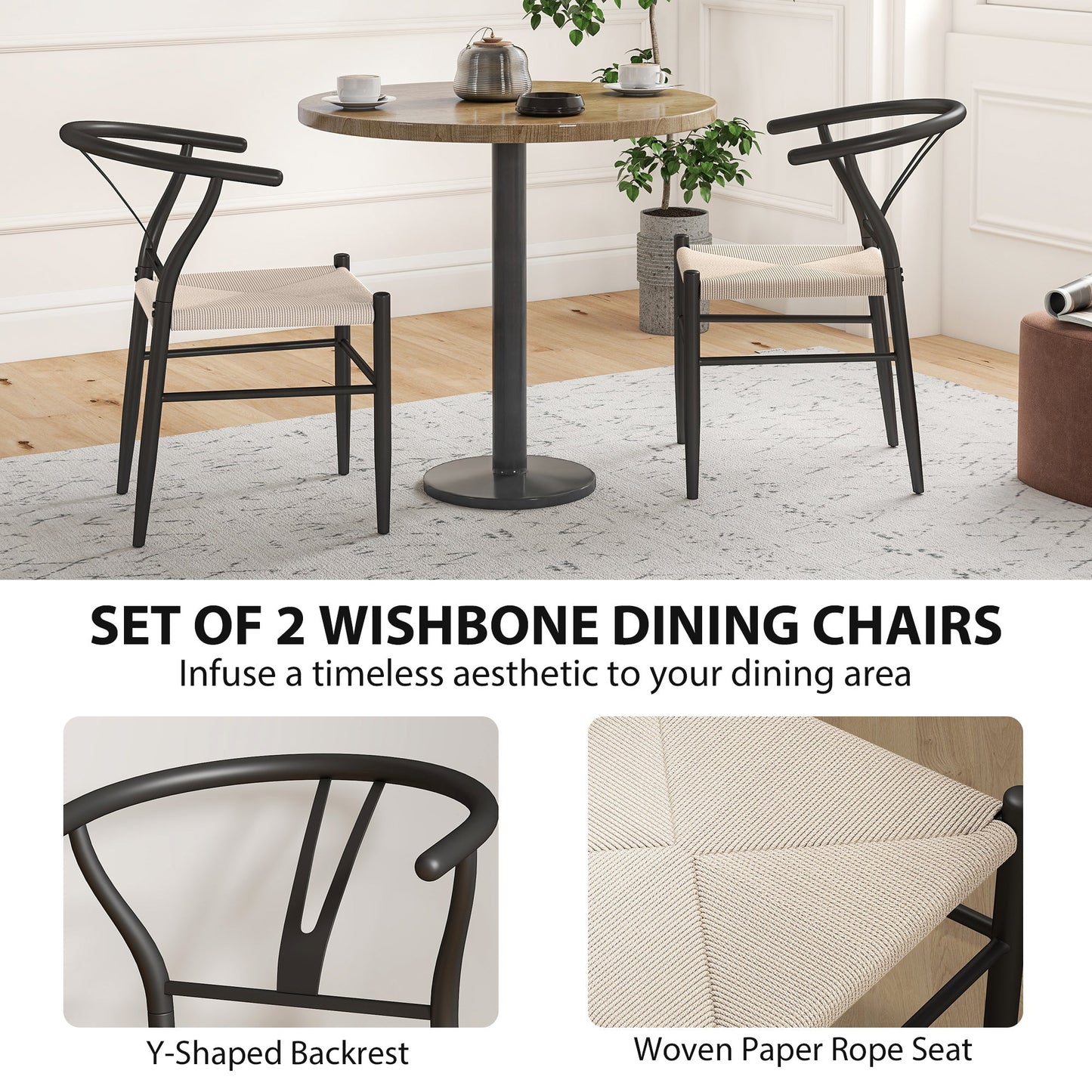 Weave Dining Chairs Set of 2, Mid-Century Modern Metal Kitchen Chairs with Y-Shaped Backrest and Hemp Seat for Dining Room, Living Room, Bedroom, Black