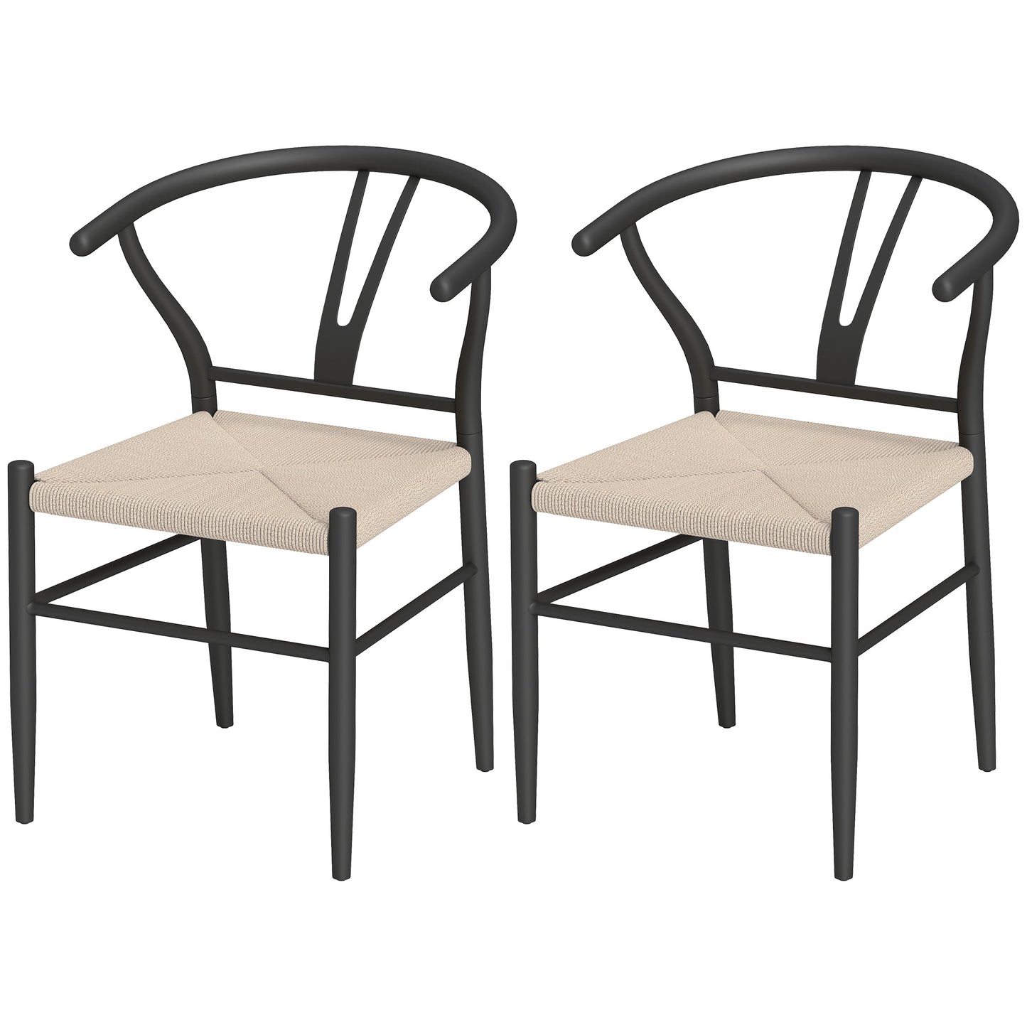Weave Dining Chairs Set of 2, Mid-Century Modern Metal Kitchen Chairs with Y-Shaped Backrest and Hemp Seat for Dining Room, Living Room, Bedroom, Black