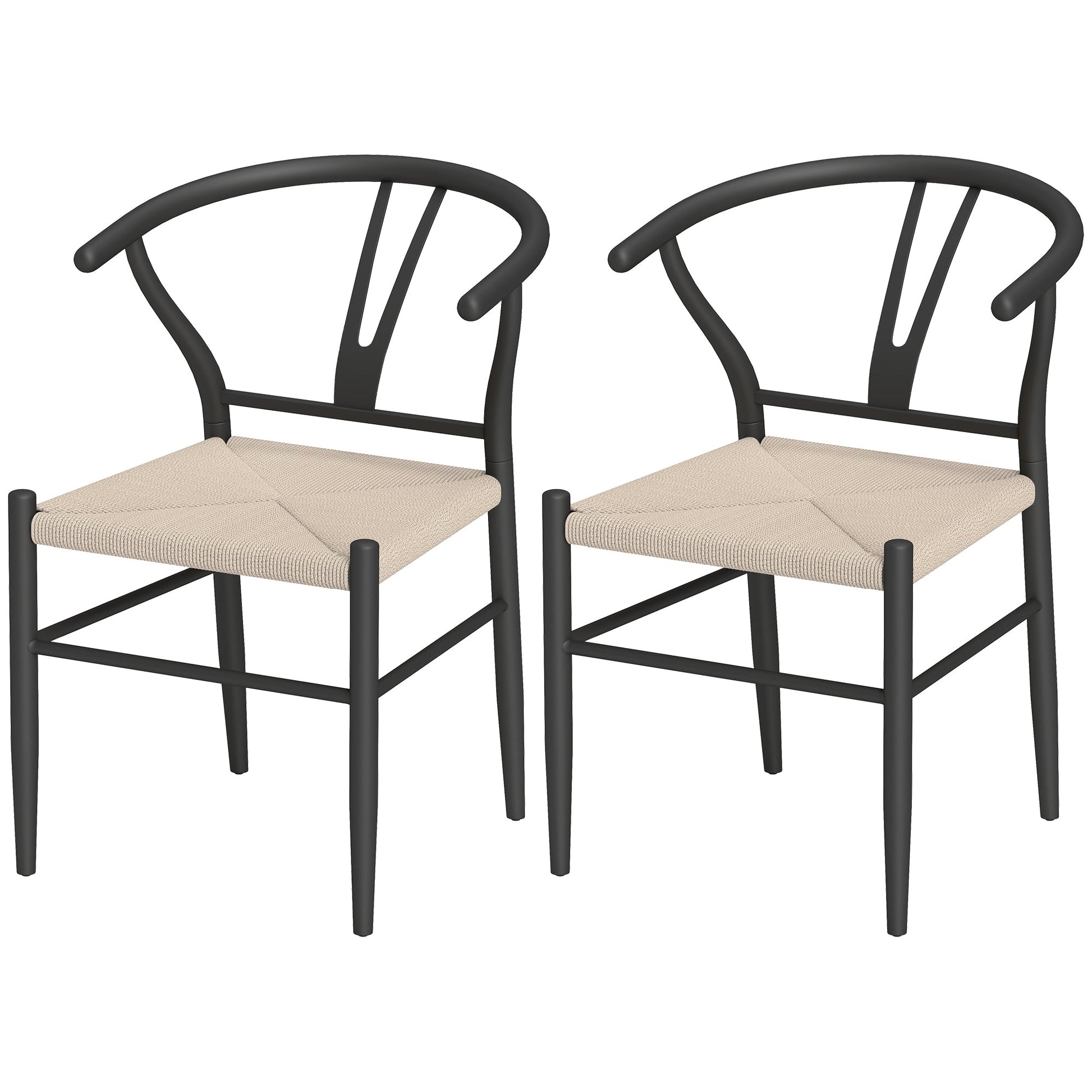 Weave Dining Chairs Set of 2, Mid-Century Modern Metal Kitchen Chairs with Y-Shaped Backrest and Hemp Seat for Dining Room, Living Room, Bedroom, Black