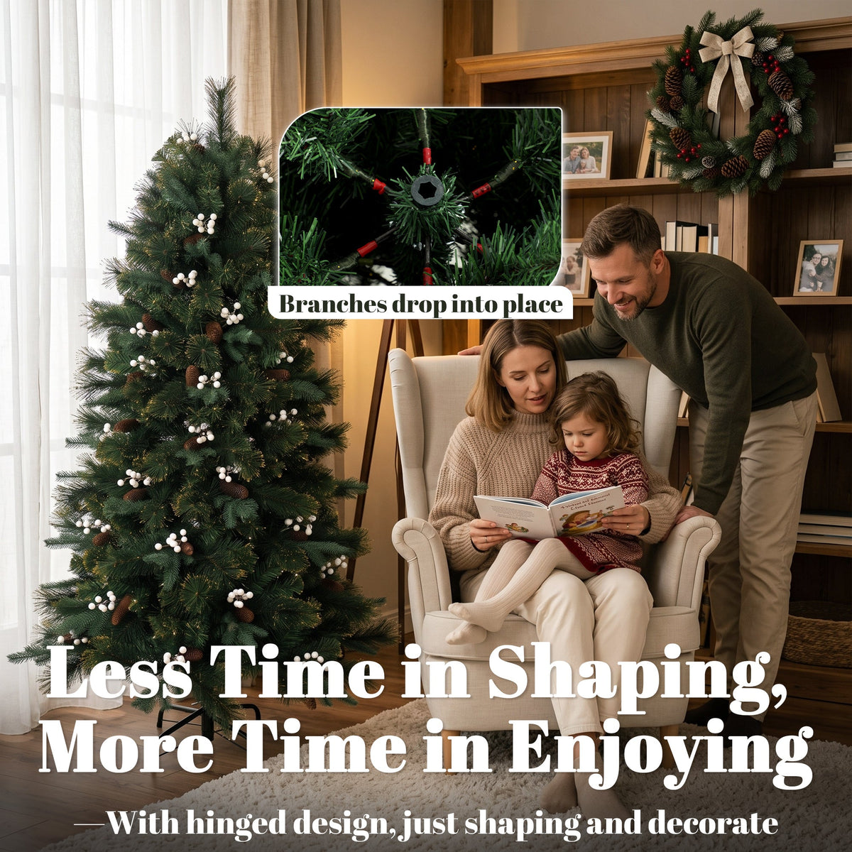 5ft/150cm Artificial Christmas Tree, Fir Hinged Xmas Tree with 490 Branch Tips, Foldable Metal Stand, Easy Assembly for Home Office Holiday Decoration, Green