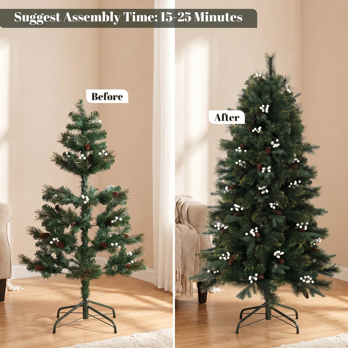5ft/150cm Artificial Christmas Tree, Fir Hinged Xmas Tree with 490 Branch Tips, Foldable Metal Stand, Easy Assembly for Home Office Holiday Decoration, Green
