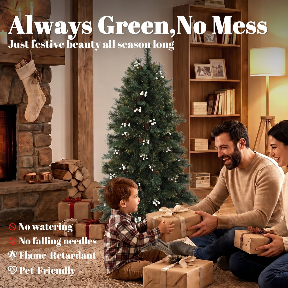 5ft/150cm Artificial Christmas Tree, Fir Hinged Xmas Tree with 490 Branch Tips, Foldable Metal Stand, Easy Assembly for Home Office Holiday Decoration, Green