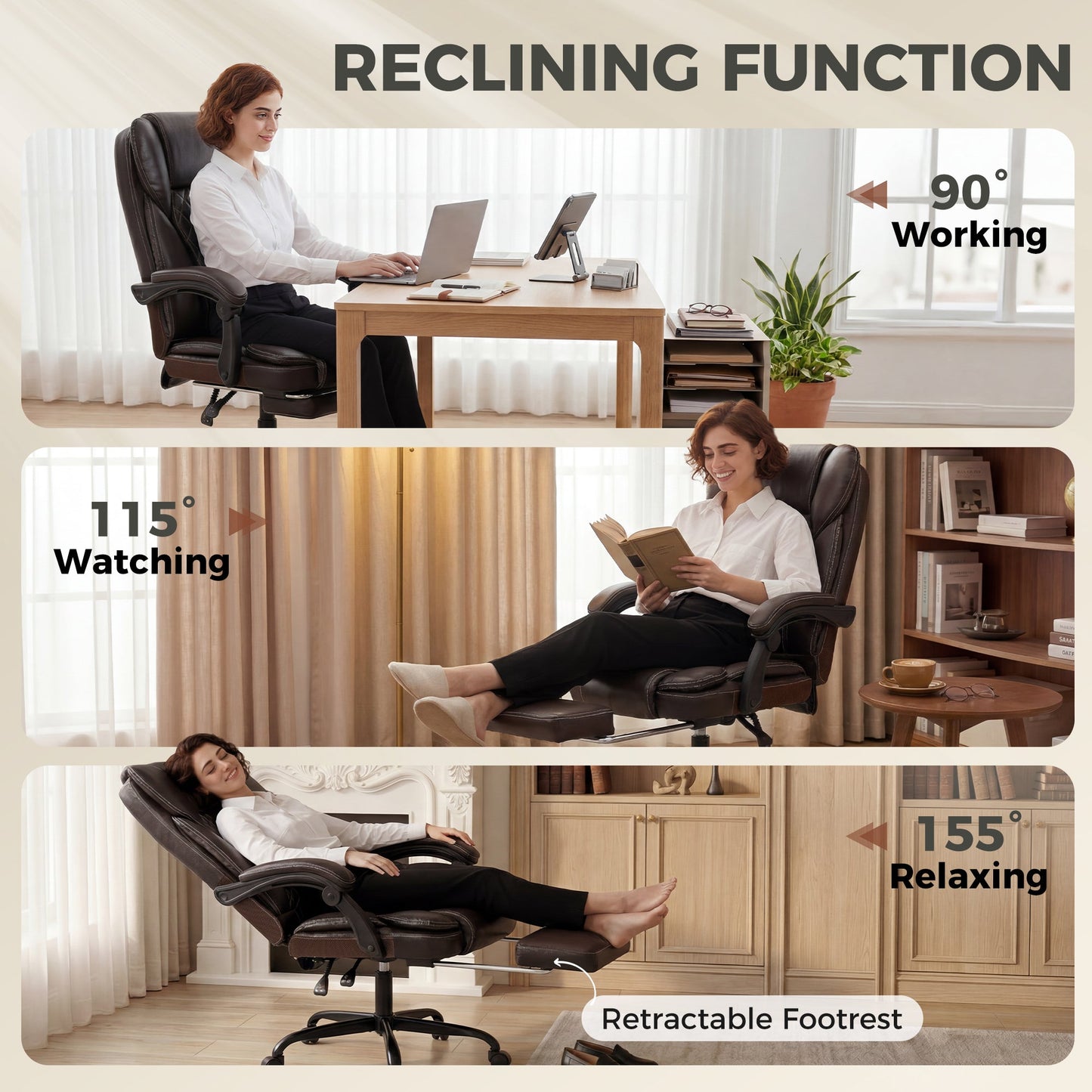 High-Back Executive Home Office Chair, PU Leather Computer Desk Chair with 360 Degree Swivel, Reclining Function, Retractable Footrest and Adjustable Height, Brown