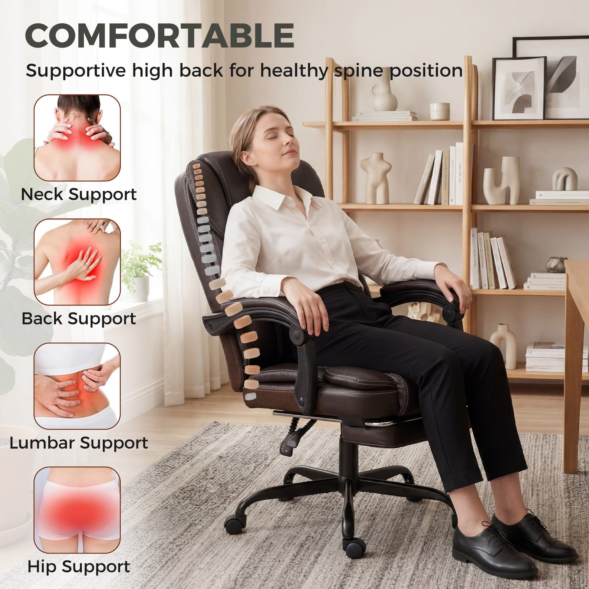 High-Back Executive Home Office Chair, PU Leather Computer Desk Chair with 360 Degree Swivel, Reclining Function, Retractable Footrest and Adjustable Height, Brown