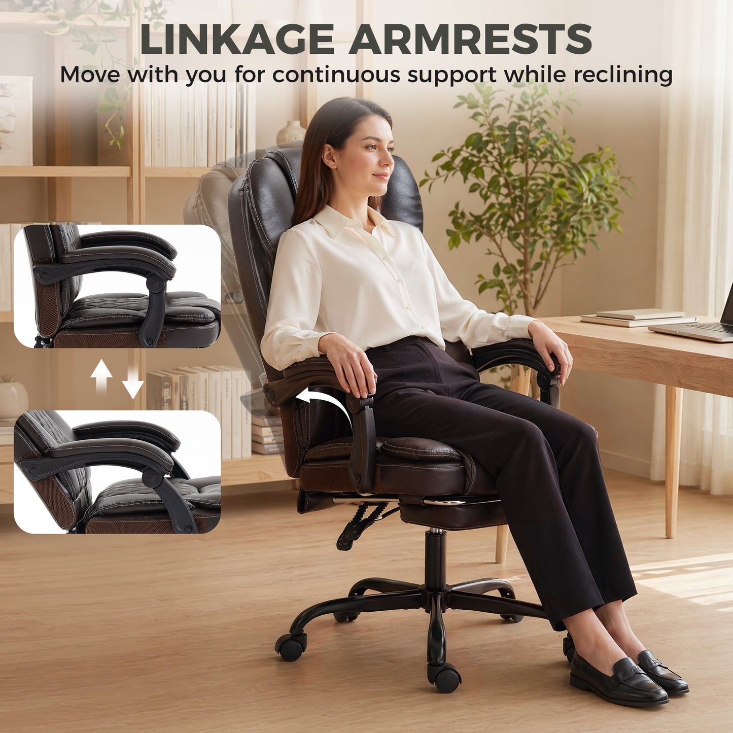 High-Back Executive Home Office Chair, PU Leather Computer Desk Chair with 360 Degree Swivel, Reclining Function, Retractable Footrest and Adjustable Height, Brown