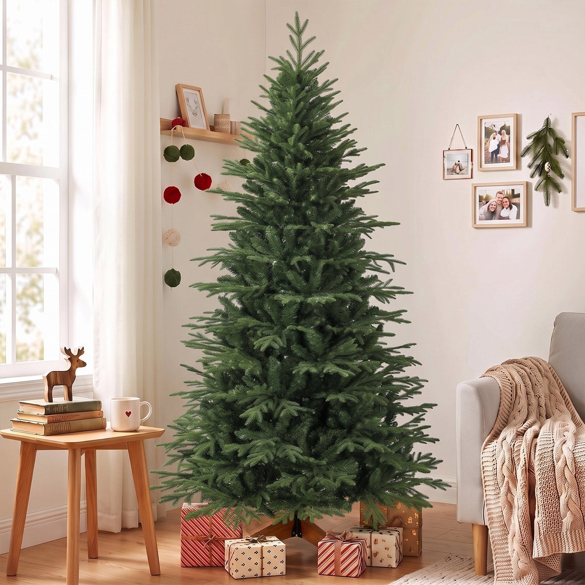 7ft Artificial Christmas Tree, Full Hinged Xmas Tree with 2719 PE & PVC Tips, Solid Pine Wood Stand for Home Office Holiday Decoration, Green