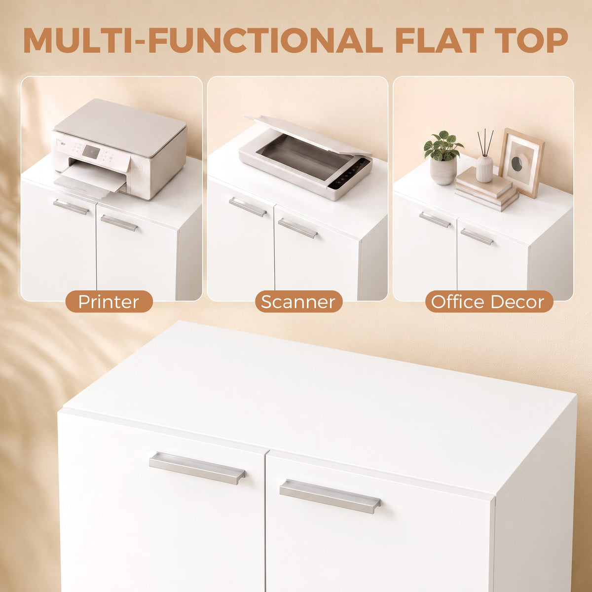 120 cm Tall Storage Cabinet Cupboard, 3-Tier File Organiser Wooden Filing Cabinet, Soft-Close Hinges, for Tool Garage Storage, Home Office, Study, Living Room, White